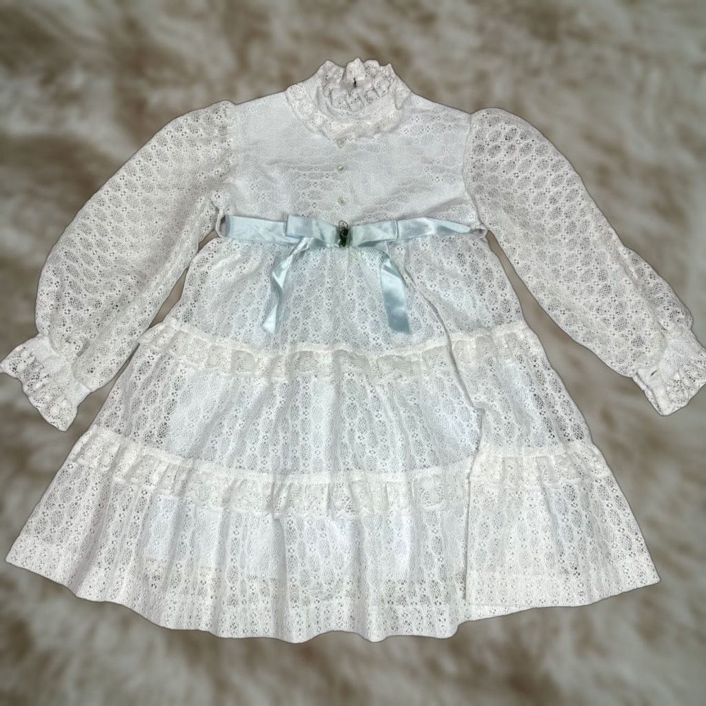 Vintage Vtg Dorrisa of Miami Girls Long Sleeve Lace Dress Sz 6 White Bow Tiered Pageant Size US S / EU 44-46 / 1 - 1 Thumbnail
