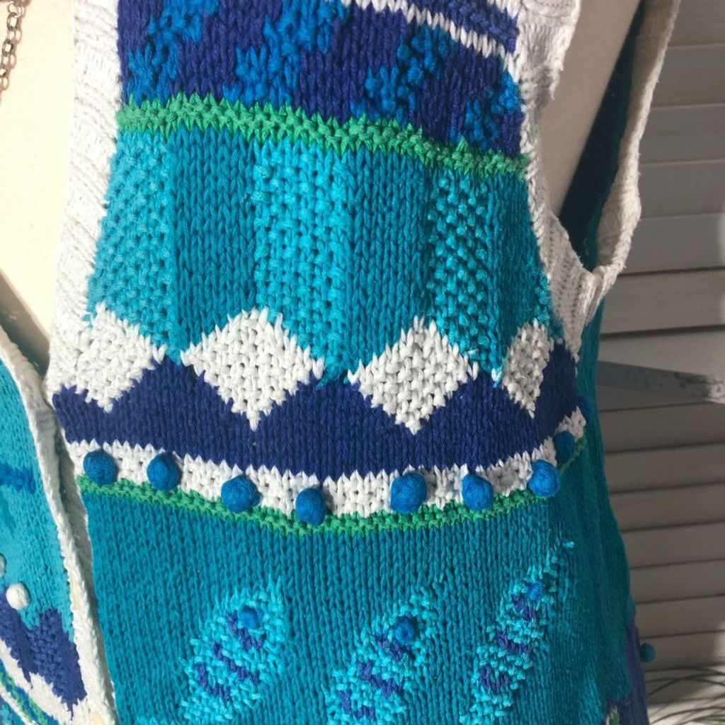 Vintage 90s granny's vest cotton knitted teal blue ocean theme XL Size XL / US 12-14 / IT 48-50 - 7 Thumbnail