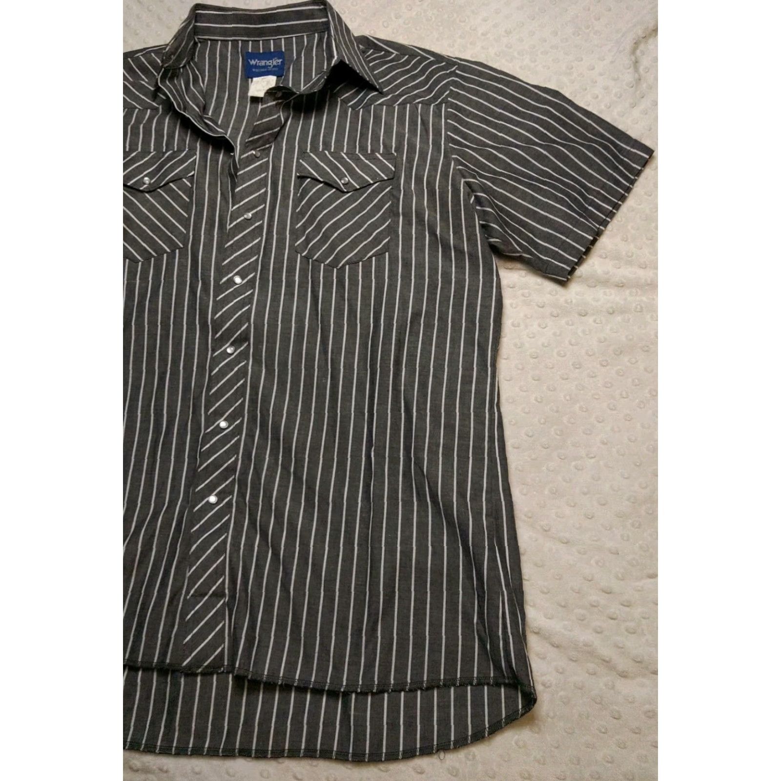Wrangler VINTAGE Wrangler Button-Down Shirt Western 90s Gray Stripe XLT Mens Regular Cotton Short Sleeve Pearl Snap Button Down Shirt Size US XL / EU 56 / 4 - 2 Thumbnail