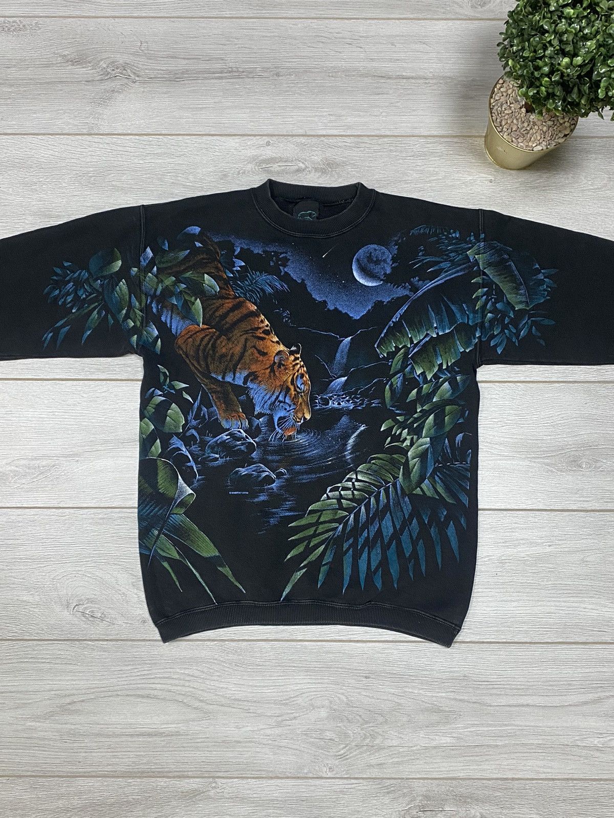 image of 90Svintage Tiger Night Sweatshirt Full Print Habitat in Grey, Men's (Size Medium)