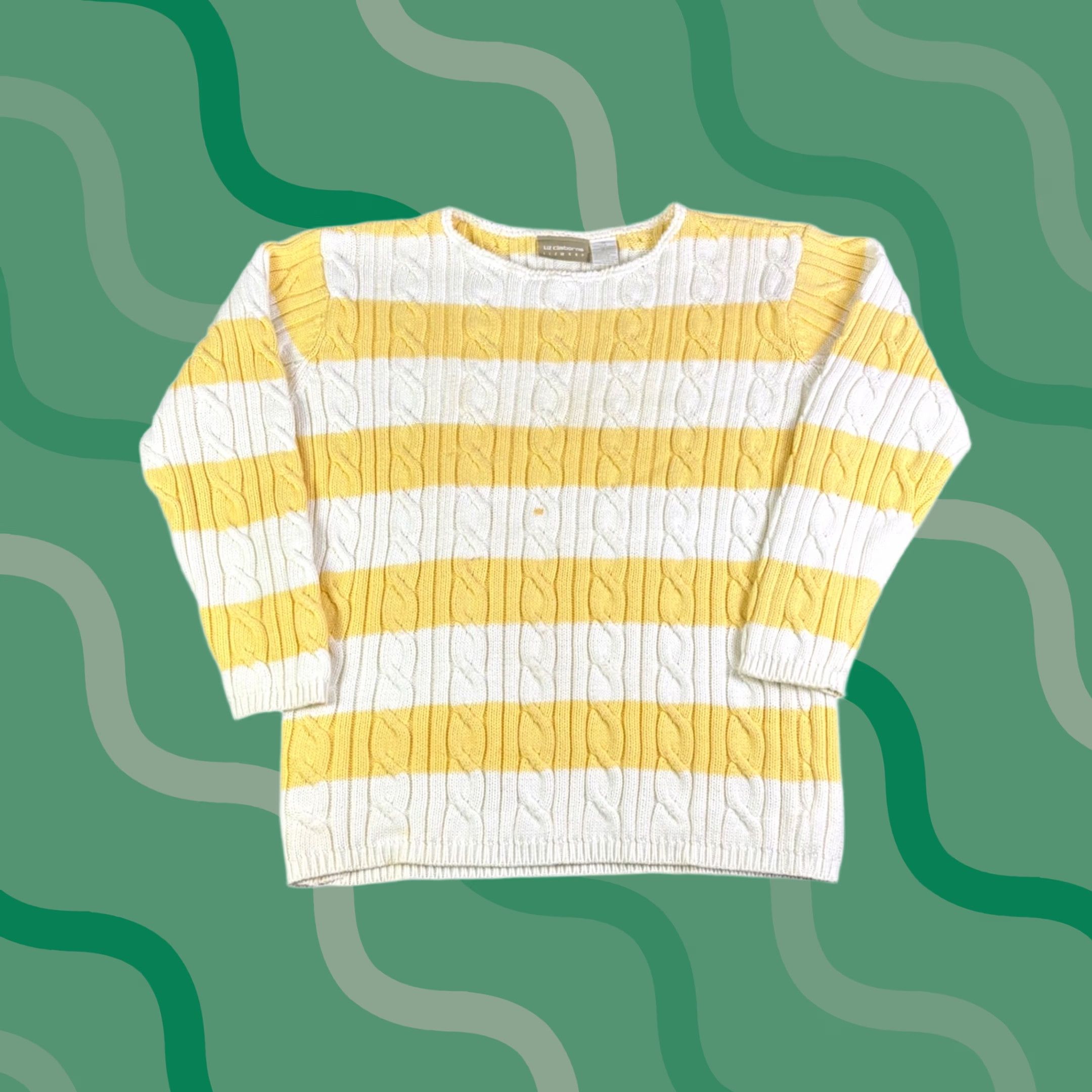 Liz Claiborne Liz Claiborne Yellow White Stripe Cable Knit Sweater Pullover Top Women's M Shirt/Top Pullover Knit Crew Neck Long Sleeve Casual Vintage: No Size M / US 6-8 / IT 42-44 - 1 Thumbnail