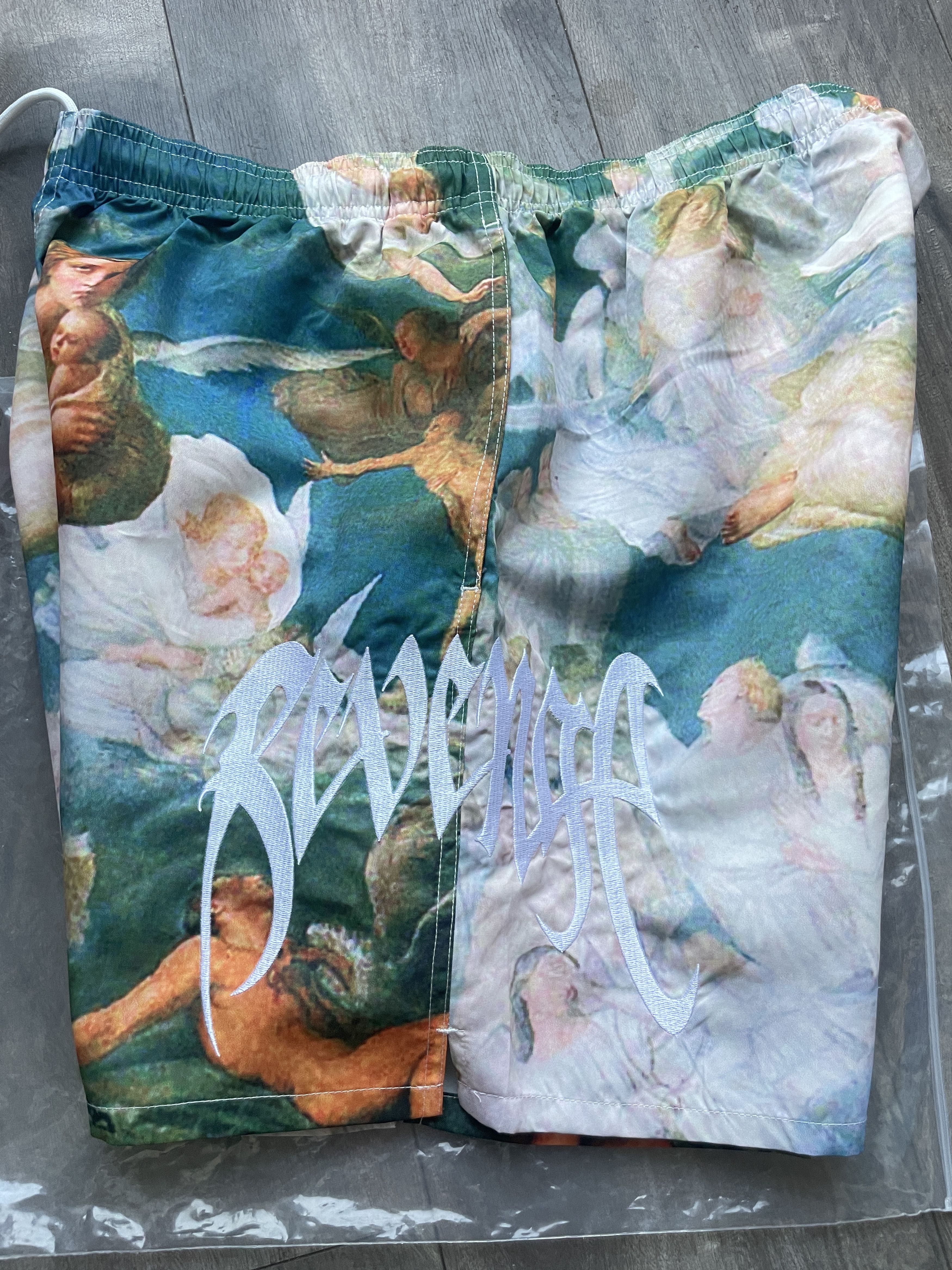 New LARGE 34W REVENGE ANGEL embroidered swim shorts ART GODS