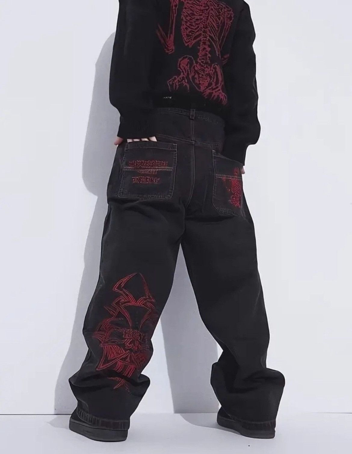 Japanese Brand × Jean Bleeding Embroidered Baggy Jeans Y2K Hippie Hoppie Size US 31 - 3 Thumbnail