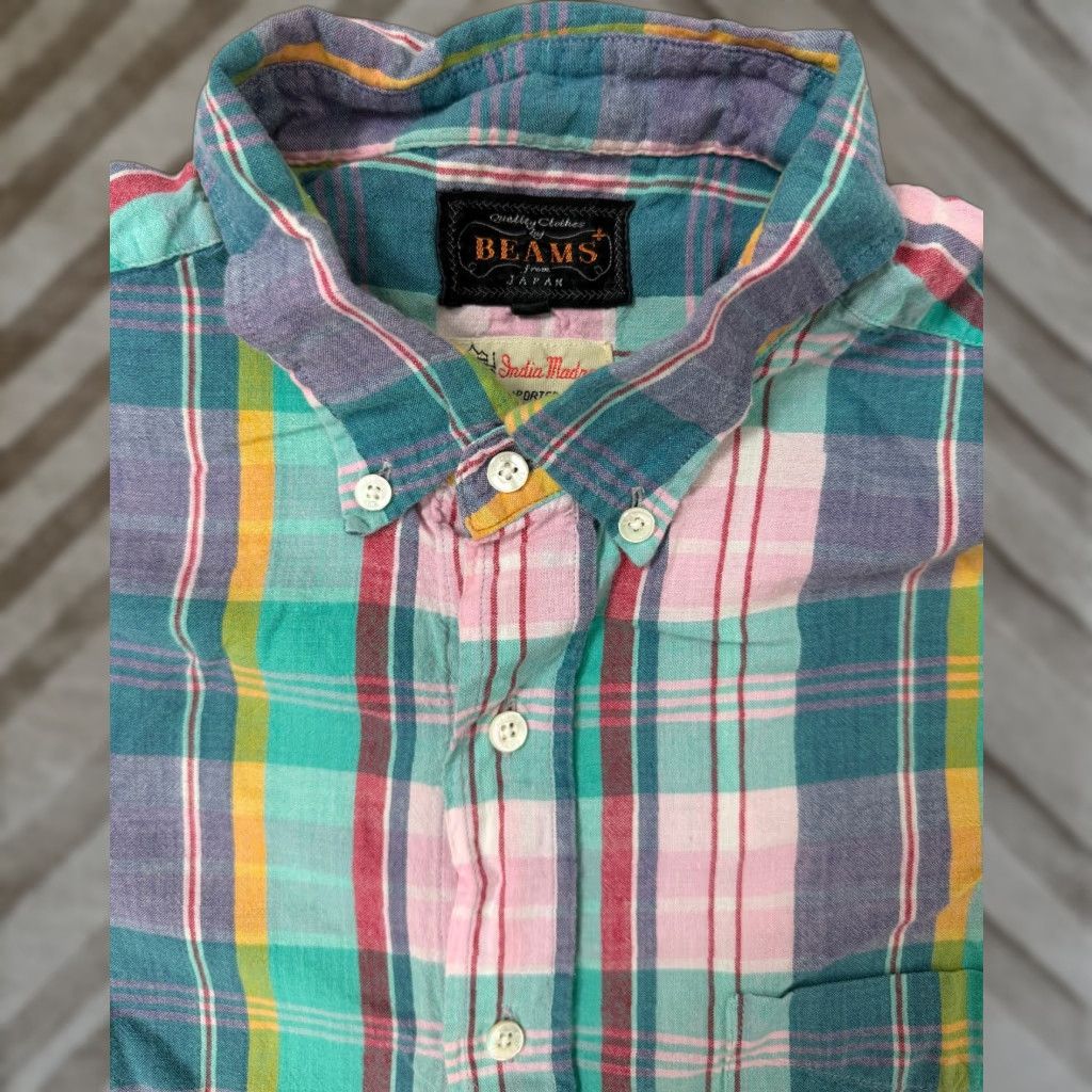 VINTAGE Beams Beams Plus India Madras Shirt Men M Colorful Plaid Button Up Made in Japan
