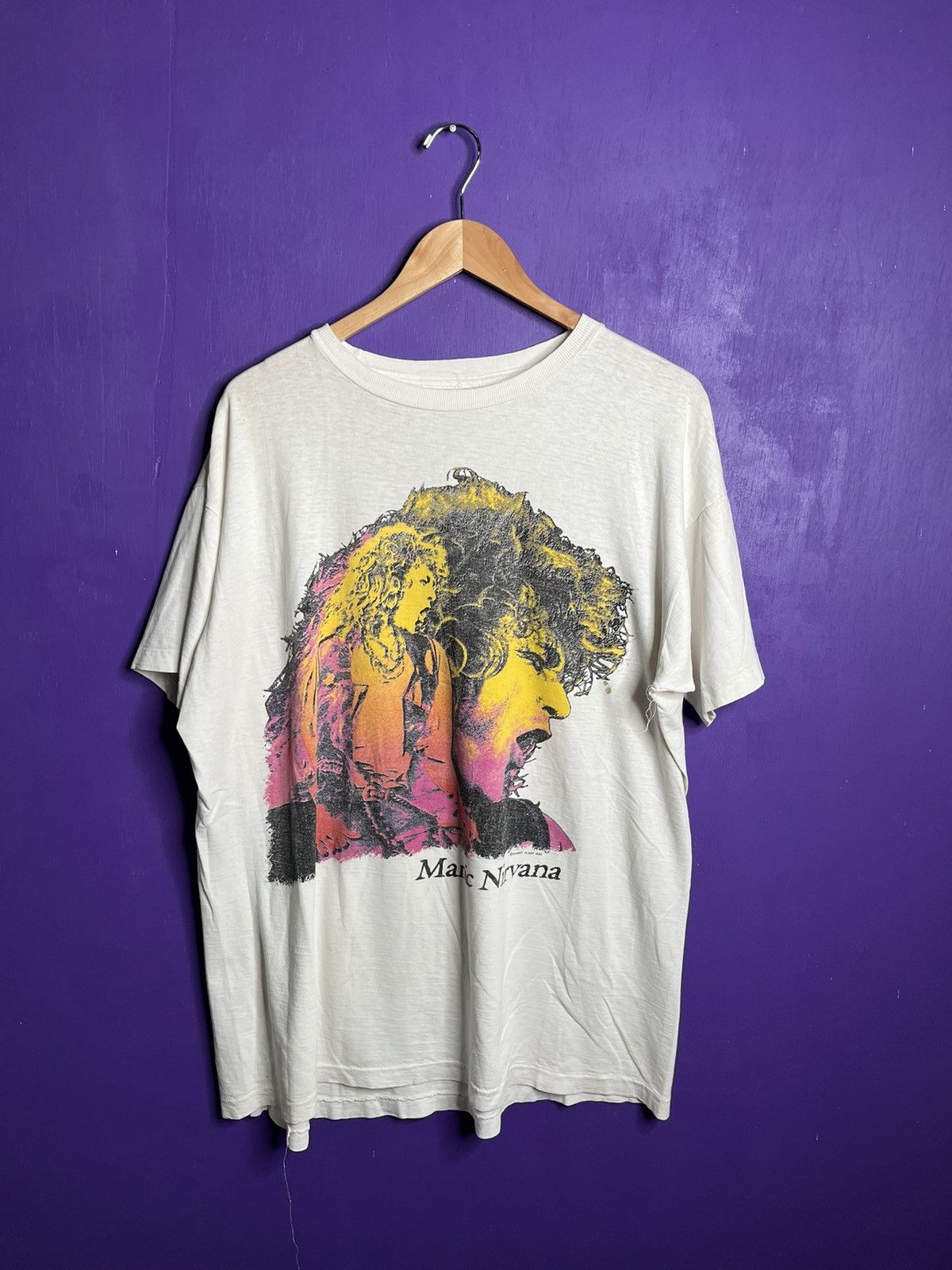 Image of Band Tees x Tour Tee Vintage 1990 Robert Plant Manic Nirvana Tour T-Shirt in White, Men's (Size 2XL