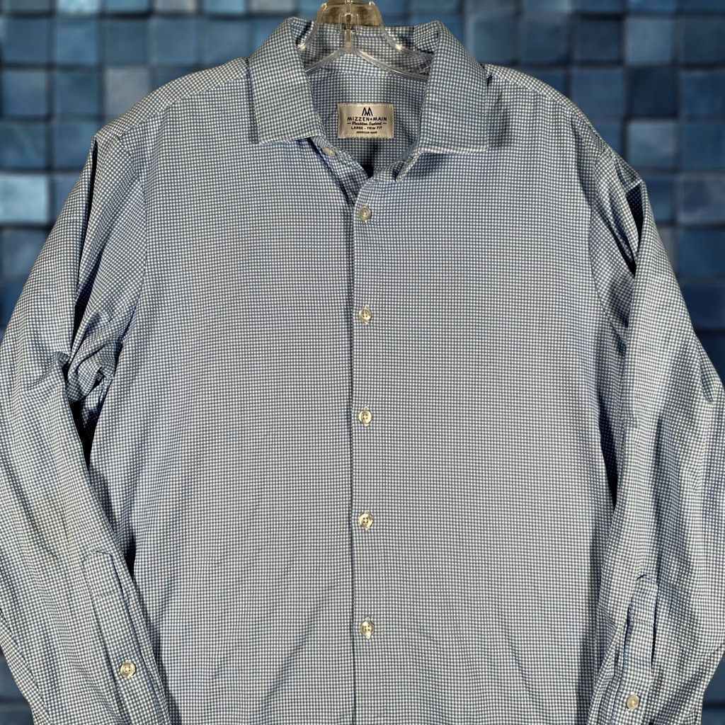 Mizzen+Main Mizzen+Main Dress Shirt Mens L Blue Gingham Trim Fit Non-Iron Stretch USA Shirt Size 42R - 1 Thumbnail