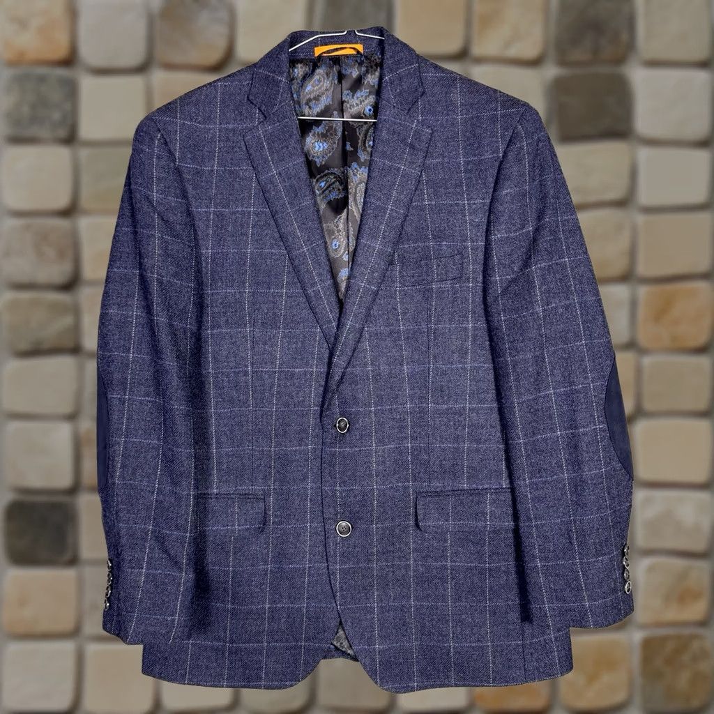 Tallia Tallia Sport Coat Mens 40R Windowpane 100% Wool Suit Jacket Blazer Elbow Patches Size 40R - 1 Thumbnail