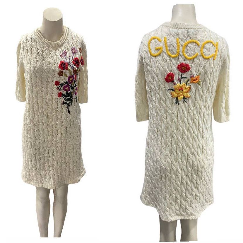 image of Gucci Dress Lovelight Cotton Embroidery Floral Knit Small in White, Women's