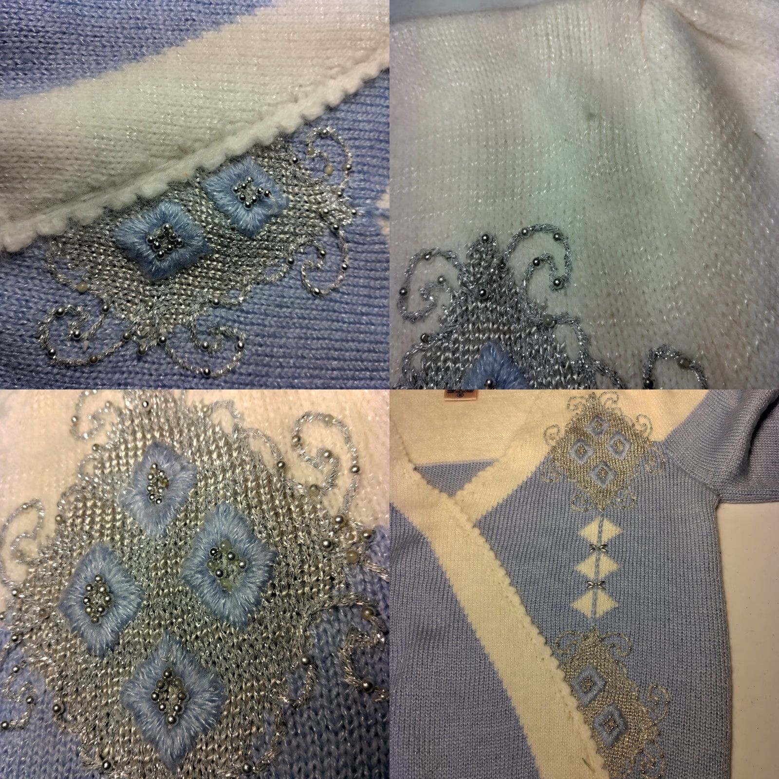 Vintage VINTAGE Jaclyn Smith Petite Sweater Poof Shoulder Blue White Silver Beaded Acrylic Angora Wool Beads Pullover 80s Women PS XS/S Size S / US 4 / IT 40 - 11 Thumbnail
