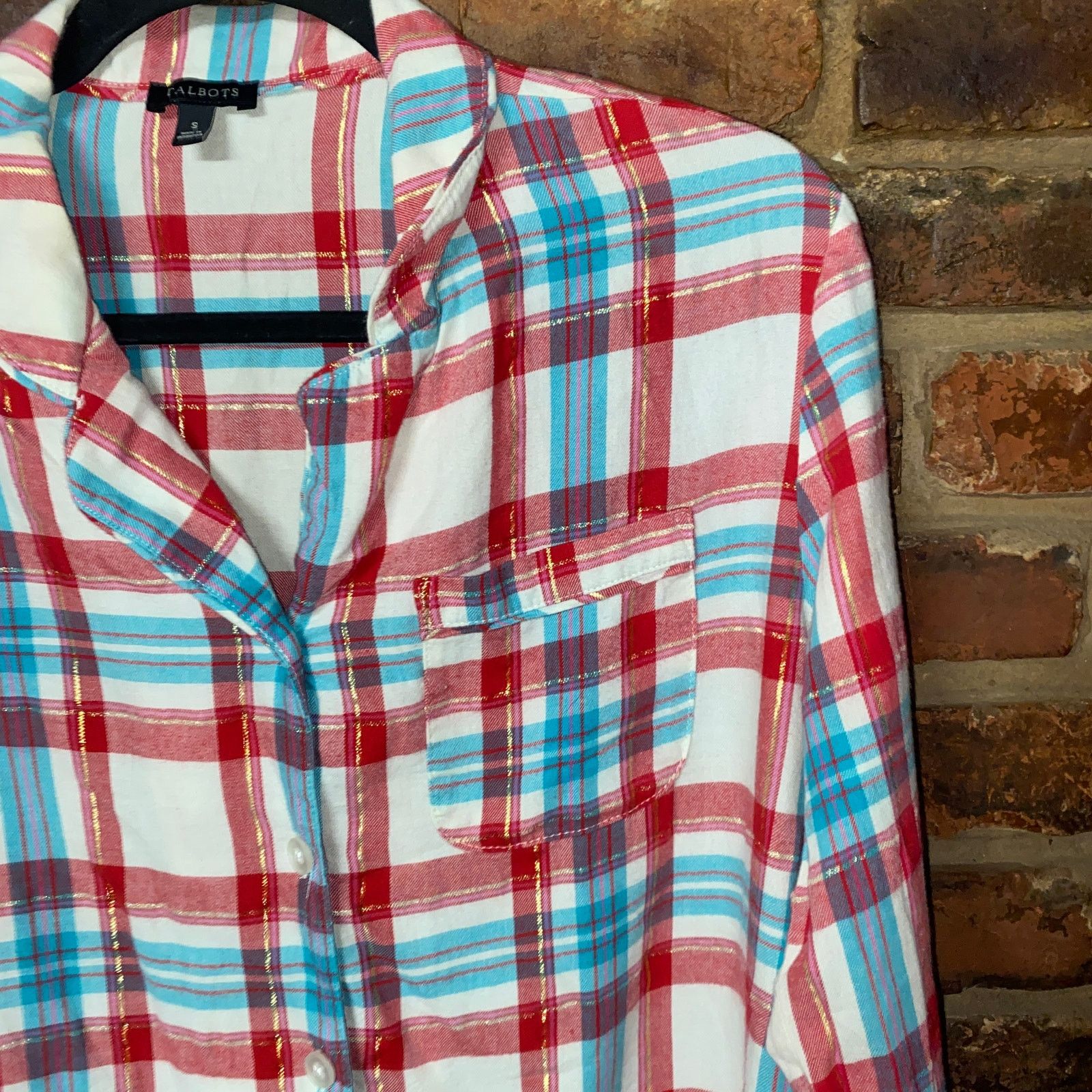 Other Talbots White Blue Red Gold Plaid Button Down Shirt Small Size S / US 4 / IT 40 - 2 Thumbnail