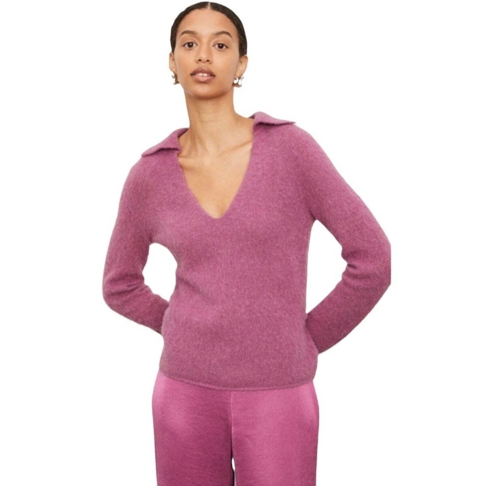 Vince VINCE Brushed V Neck Polo Alpaca & Wool-Blend Sweater Pink S Size S / US 4 / IT 40 - 1 Thumbnail