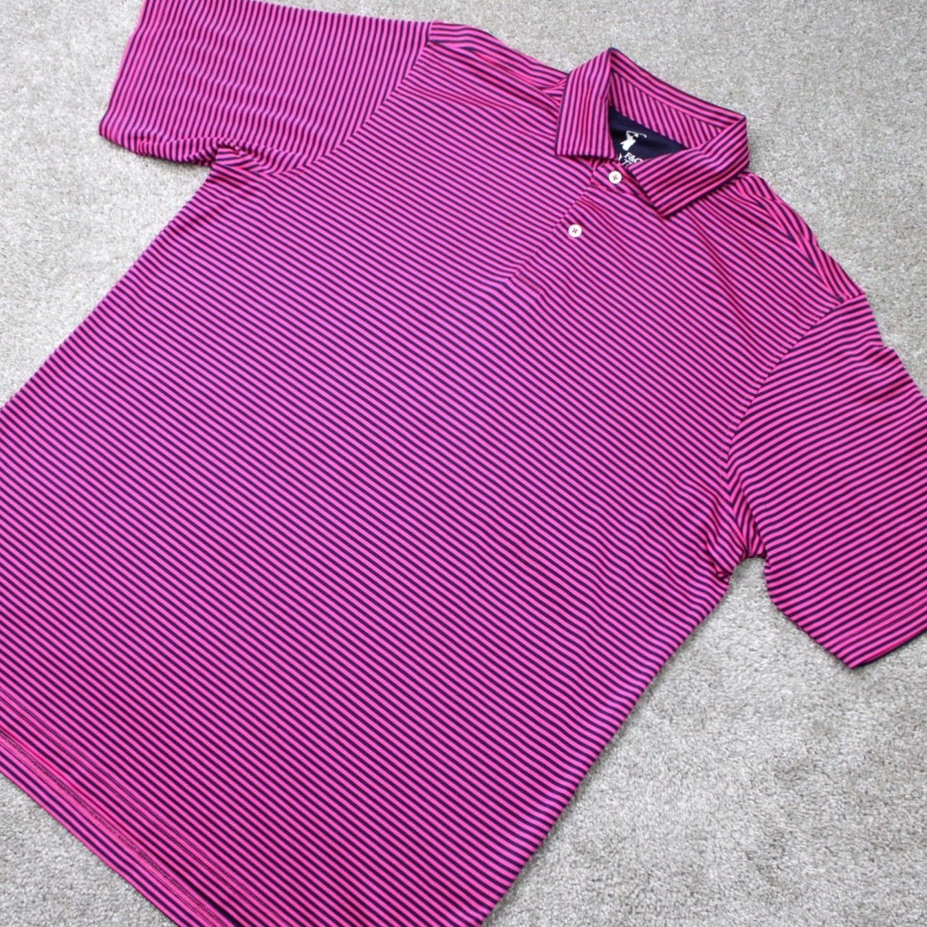 Vintage F&G Tech Polo Shirt Mens Large Pink/Blue Striped Wicking Polyester Short Sleeve Shirt Size US L / EU 52-54 / 3 - 4 Thumbnail