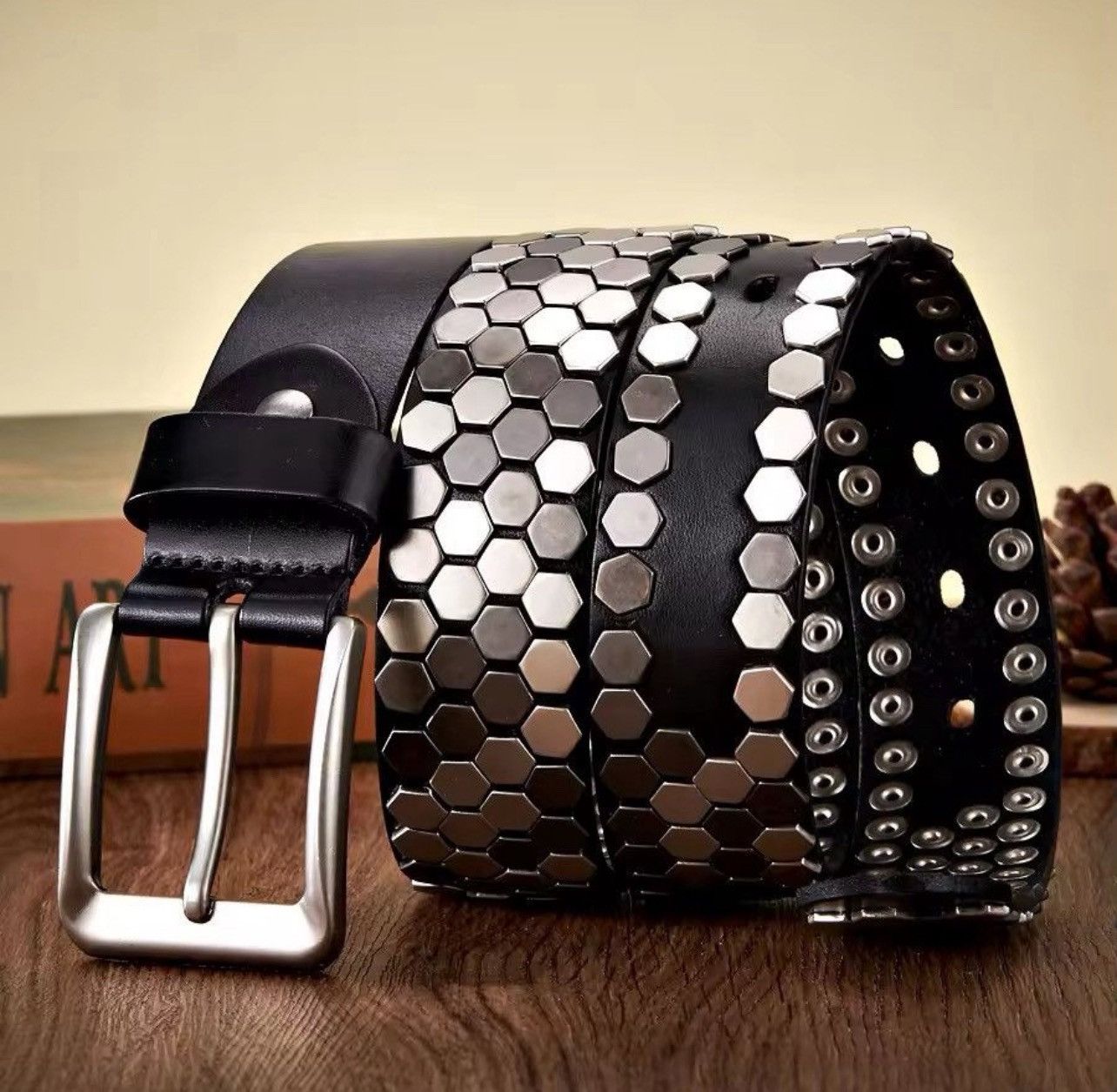 Leather 105 cm Rivet Studded Belt Size ONE SIZE - 2 Thumbnail
