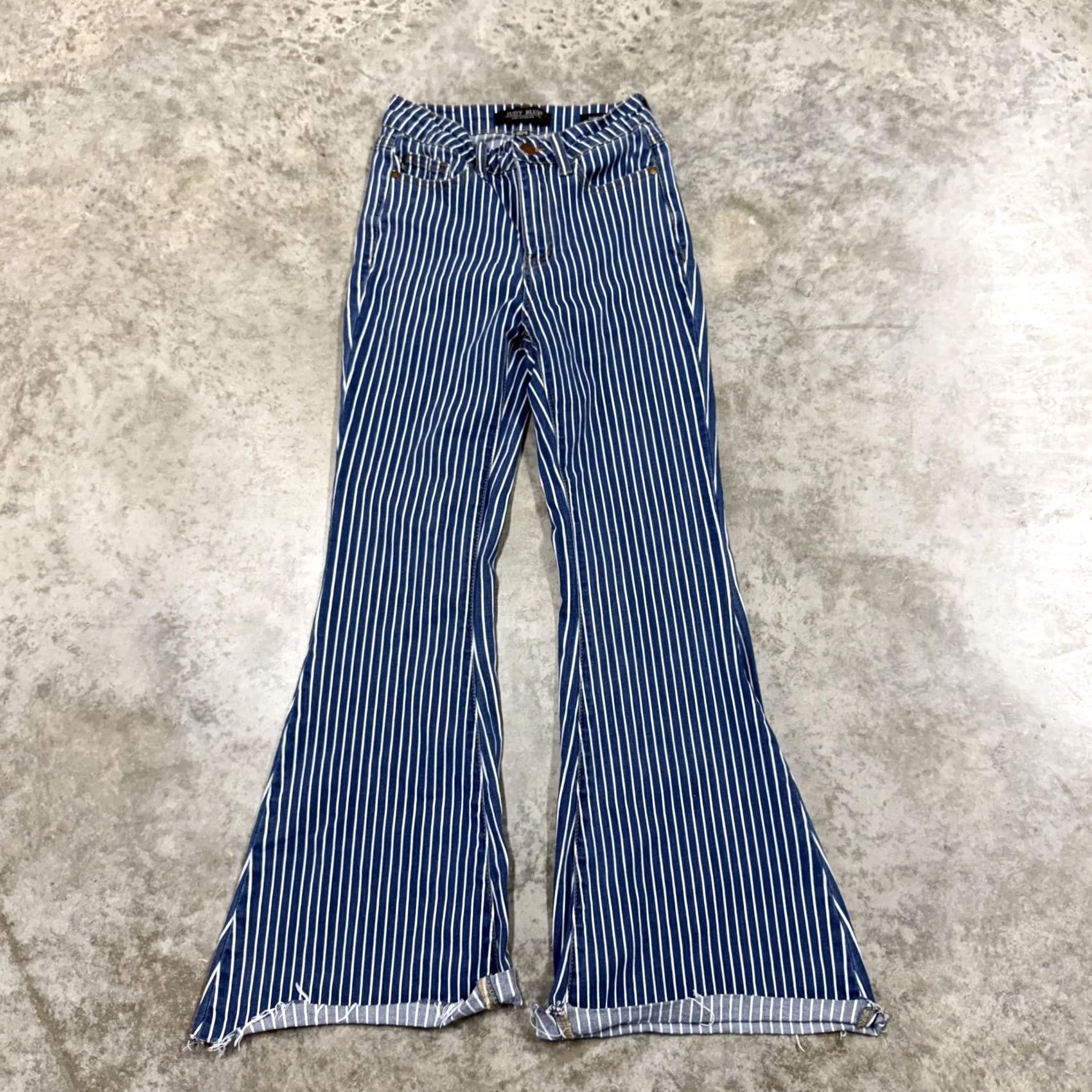 Vintage Judy Blue Jeans Womens 0/24 Blue Stripe Mid Rise Flared Distressed 24x33 Jeans Size 25" / US 0 / IT 36 - 2 Thumbnail