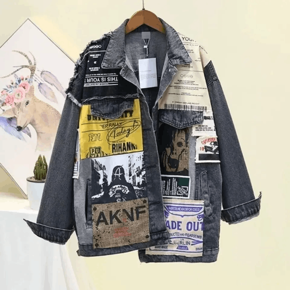 Vintage Full Sleeve Appliques Newspaper Pattern denim jacket - Main Image