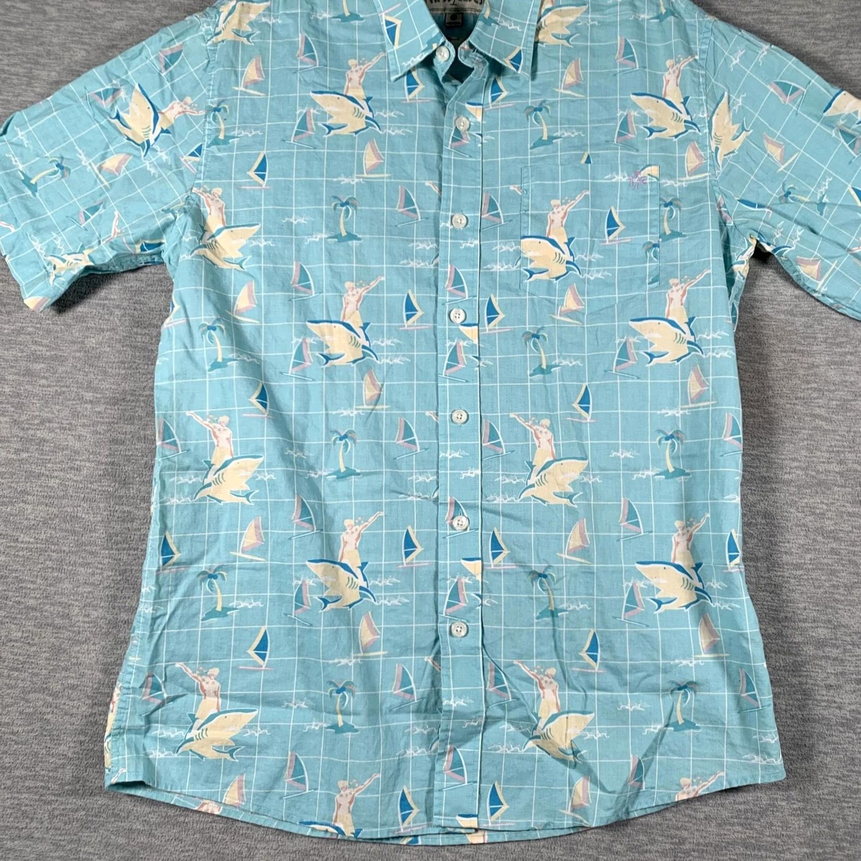 Vintage Tipsy Elves Mens Large Blue Shark Sailboat Hawaiian Shirt Size Cotton Button Up Size US L / EU 52-54 / 3 - 3 Thumbnail