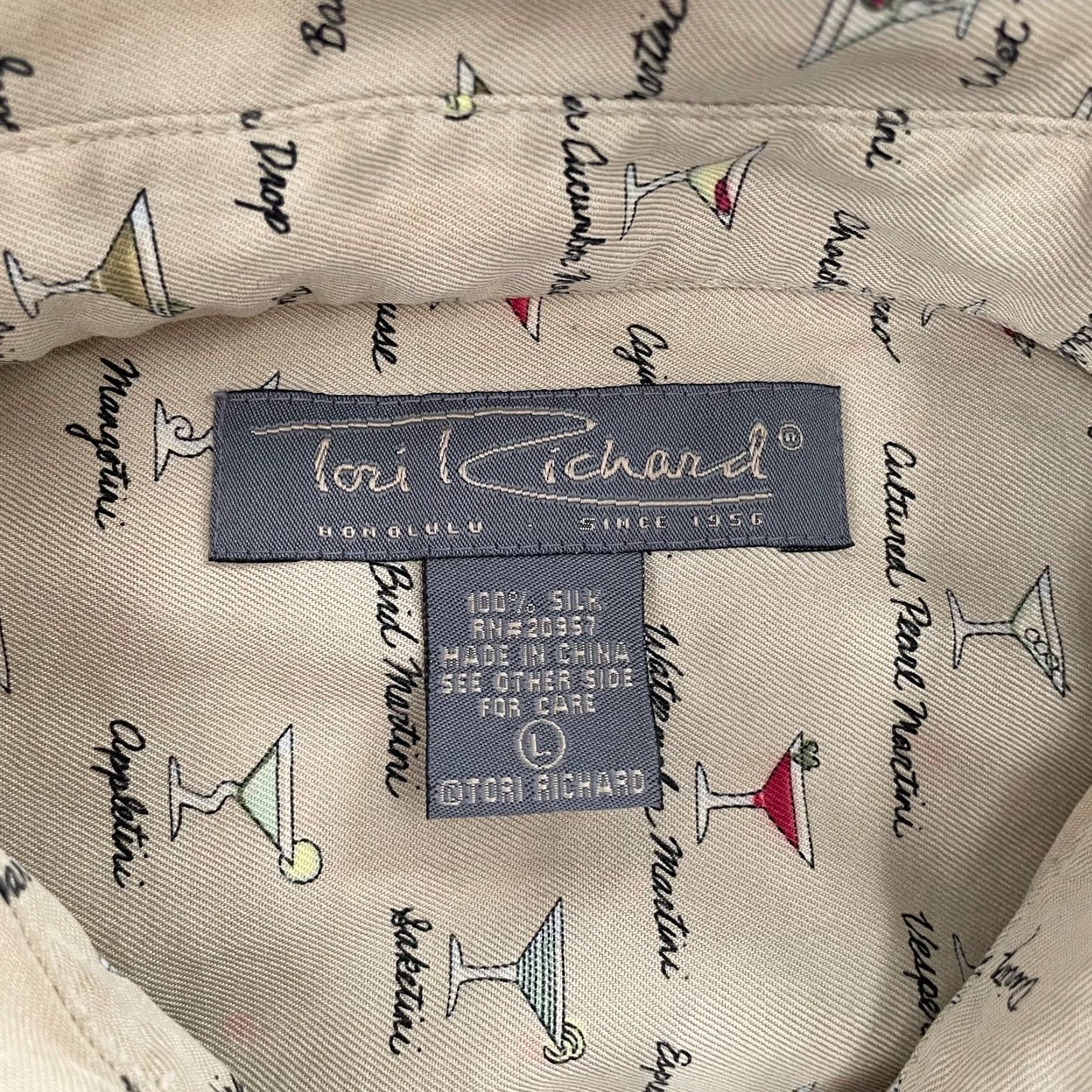 Tori Richard VINTAGE Tori Richard Shirt Adult Large Tan Silk Hawaiian Martini Cocktail AOP Print Mens Size US L / EU 52-54 / 3 - 5 Thumbnail