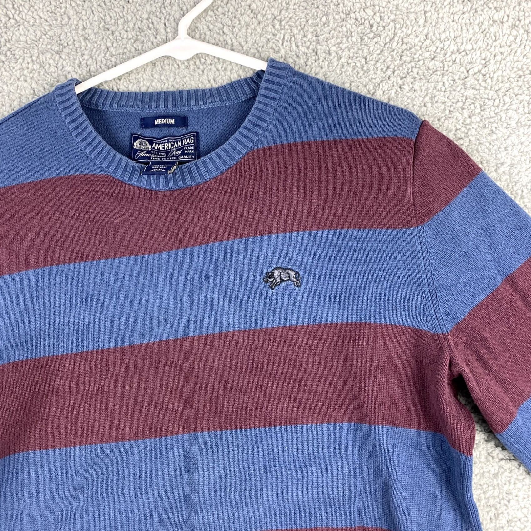 Vintage American Rag Sweater Crewneck Pullover Men M Red Blue Striped Graphic Print Camouflage Theme Casual Seasonal Fall Winter Spring Vintage? No Size US M / EU 48-50 / 2 - 2 Thumbnail