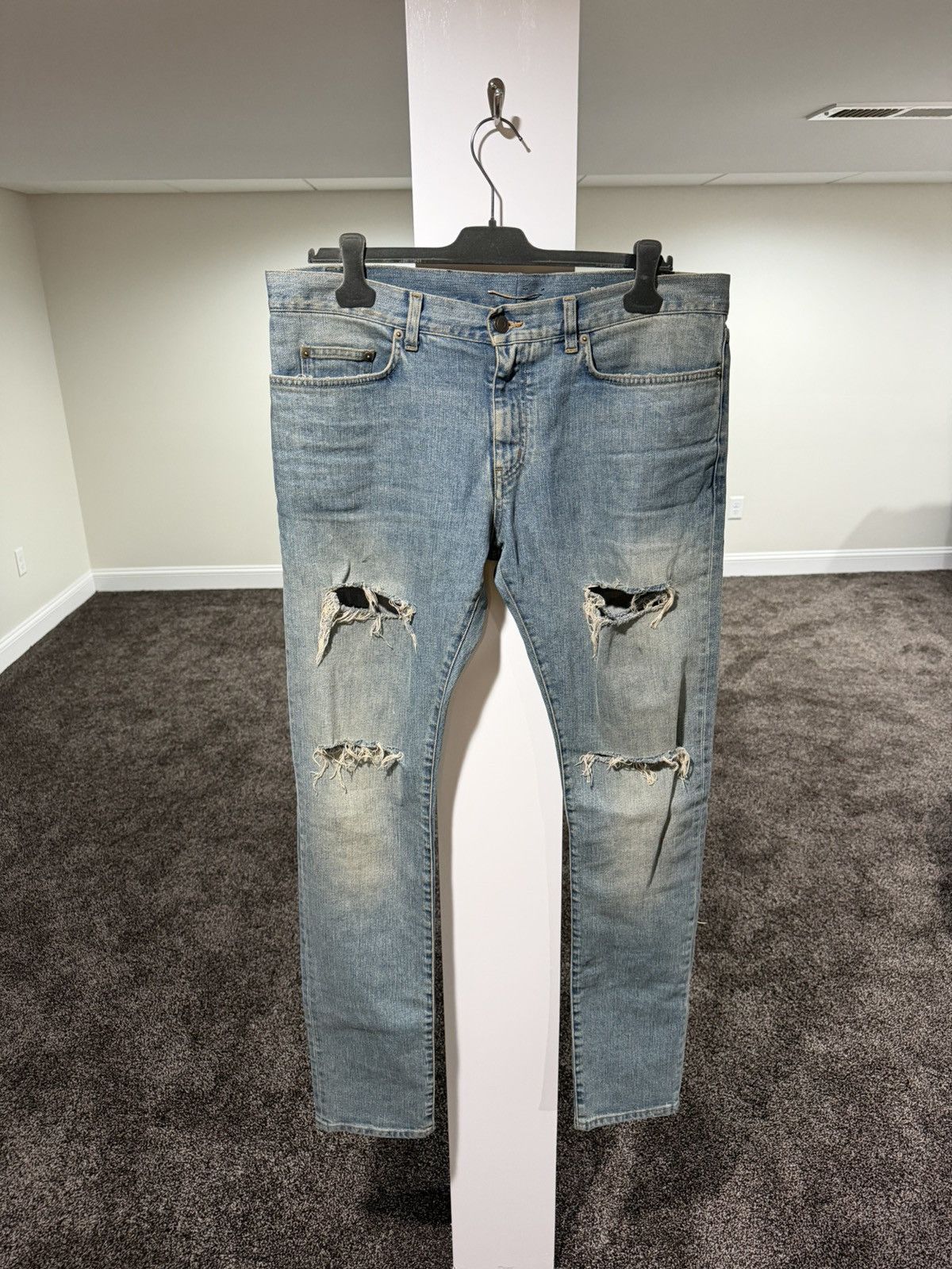 Saint Laurent Paris Saint Laurent x Hedi FW14 Knee Cut Slit Blue Wash D02 Denim Size US 34 / EU 50 - 1 Thumbnail