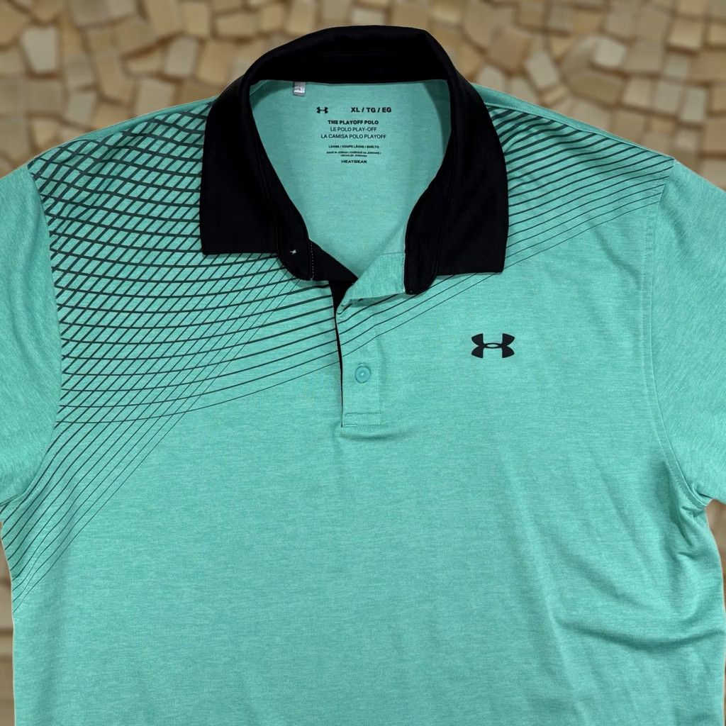 Under Armour Under Armour Polo Shirt Golf Turquoise Black Stripes Mens XL Green Blended Fabric HeatGear Size US XL / EU 56 / 4 - 1 Thumbnail
