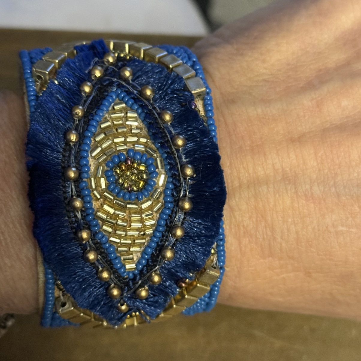 Other Handmade blue and gold beaded evil eye wide cuff bracelet Size ONE SIZE - 3 Thumbnail