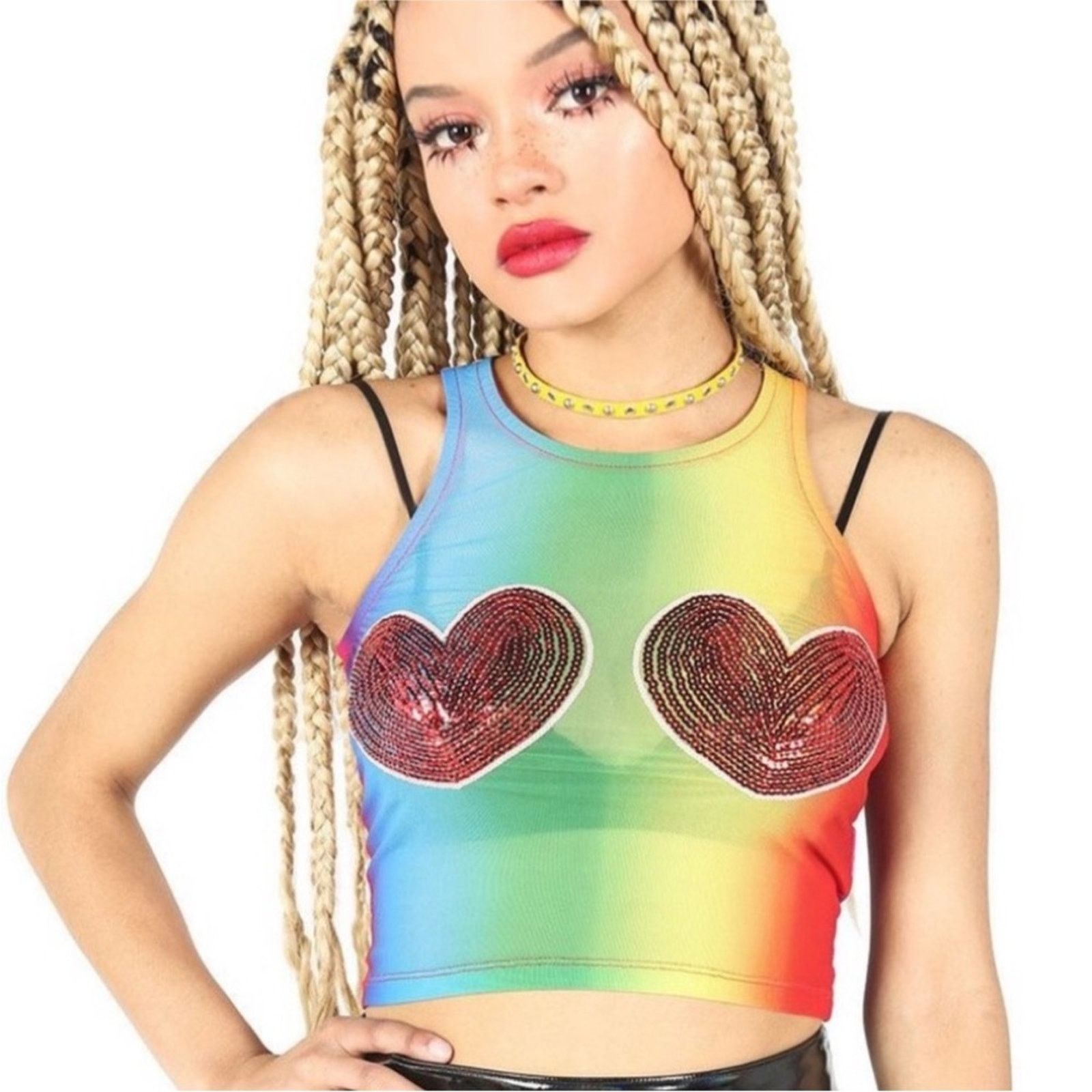 Iron Fist Iron Fist SOMEWHERE Rainbow Sequin Heart Sheer Crop Tank Top Size M / US 6-8 / IT 42-44 - 7 Thumbnail