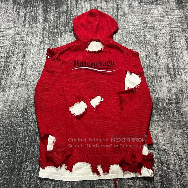 Balenciaga Balenciaga Red Coke Wave Destroyed Knit Sweater Faux Two-P Size US XS / EU 42 / 0 - 2 Thumbnail