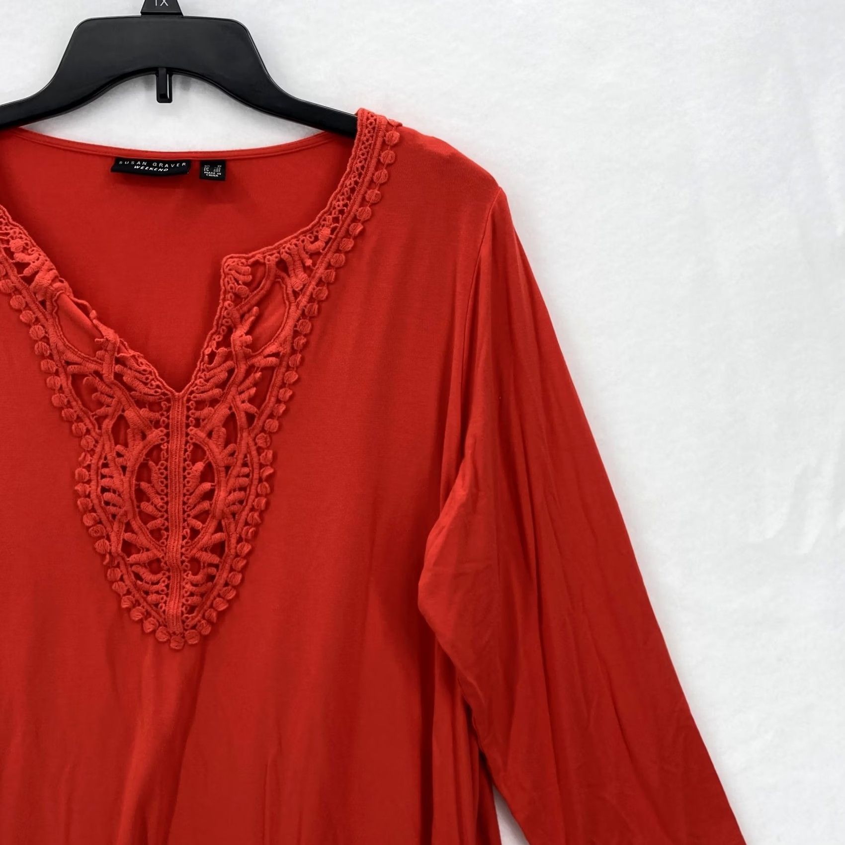 Vintage Susan Graver Shirt Womens 1X Red Crochet Trim 3/4 Sleeve Boho Pullover Top Size XL / US 12-14 / IT 48-50 - 2 Thumbnail