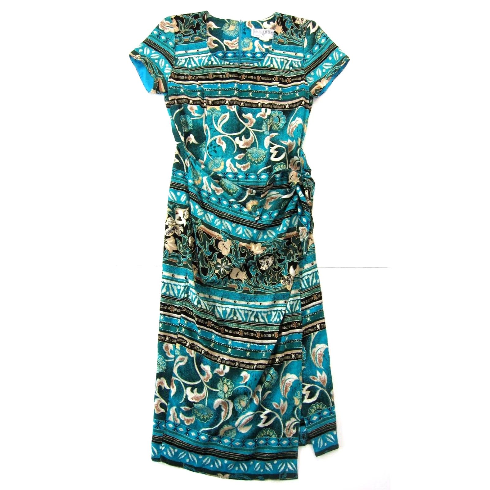 Vintage VINTAGE Jessica Howard Rayon Green Gold Floral Short Sleeve Midi Wrap Dress 6 Size 28" / US 6 / IT 42 - 2 Thumbnail
