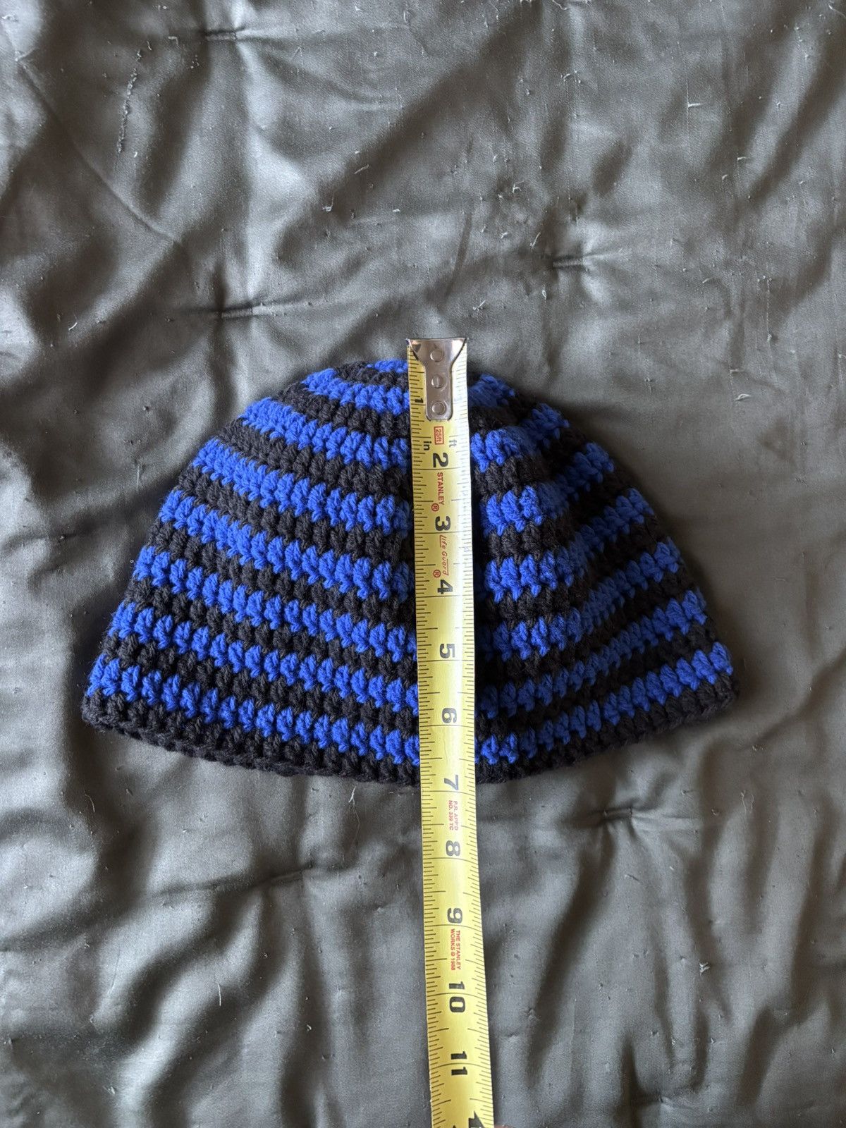 Handmade Blue & Black Striped Beanie Size ONE SIZE - 6 Thumbnail