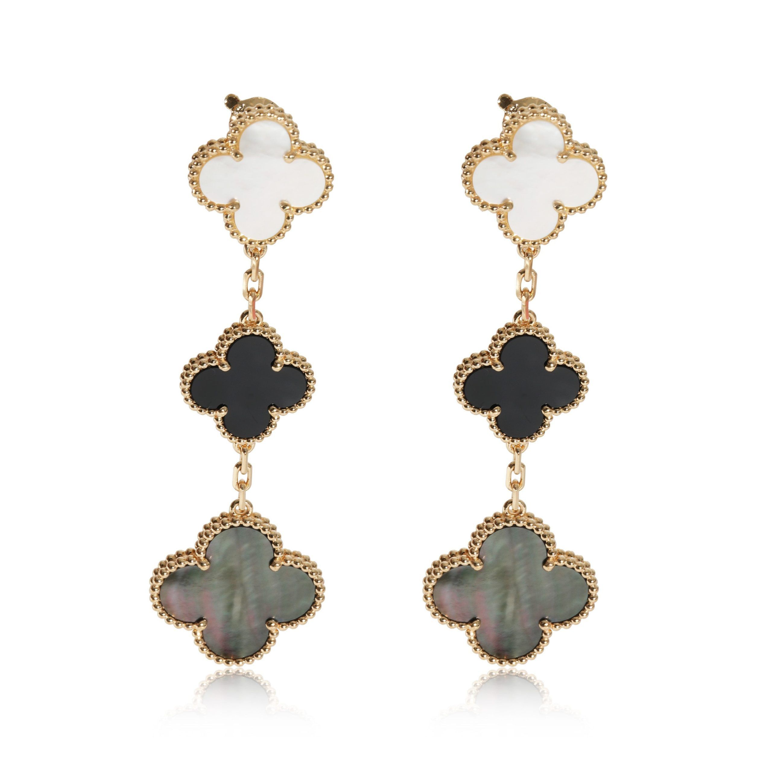 Van Cleef & Arpels Alhambra Mother Of Pearl Onyx Earrings in 18k Yellow Gold
