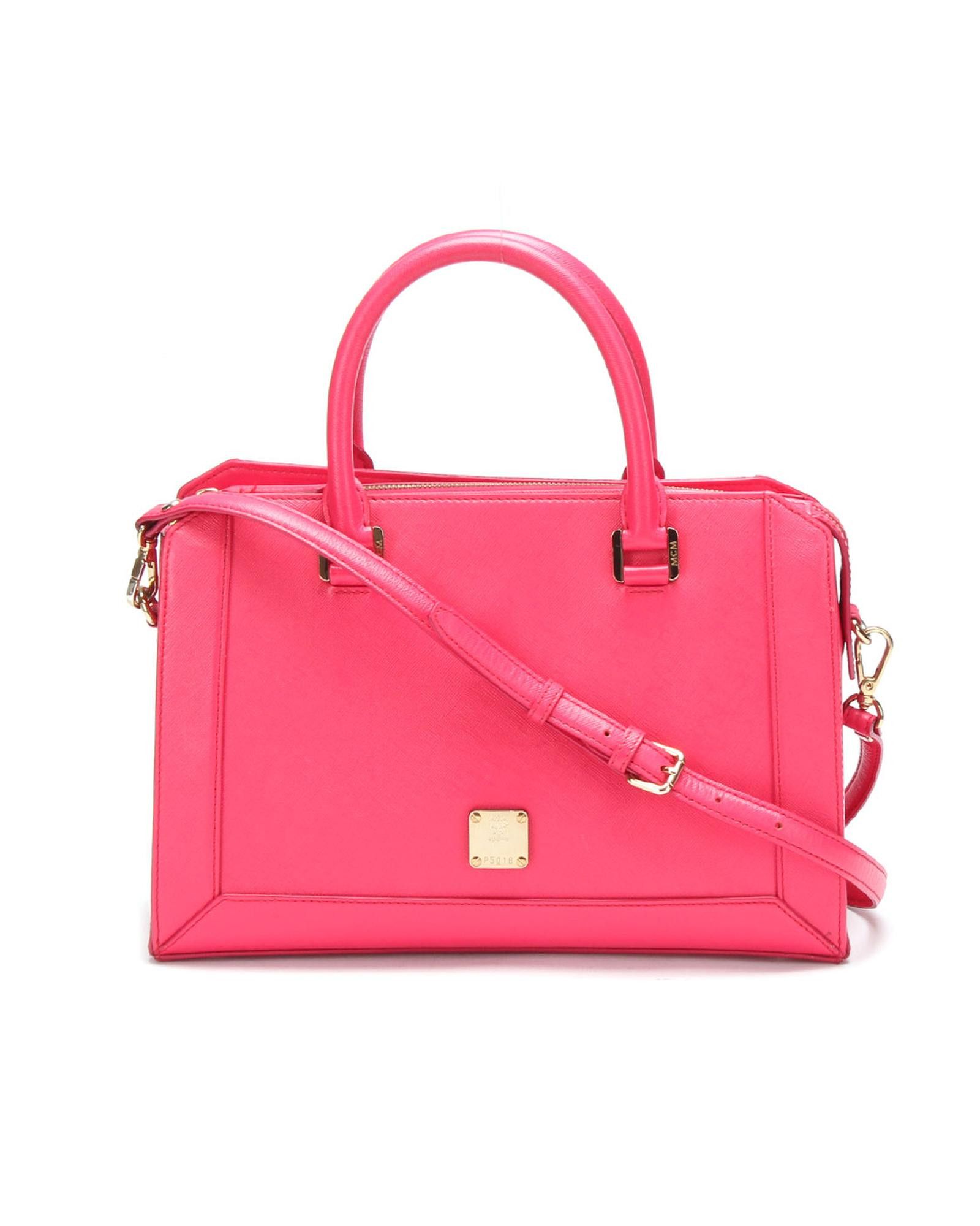 image of MCM Lightly Worn Pink Leather Handbag With Tarnished Hardware, Women's