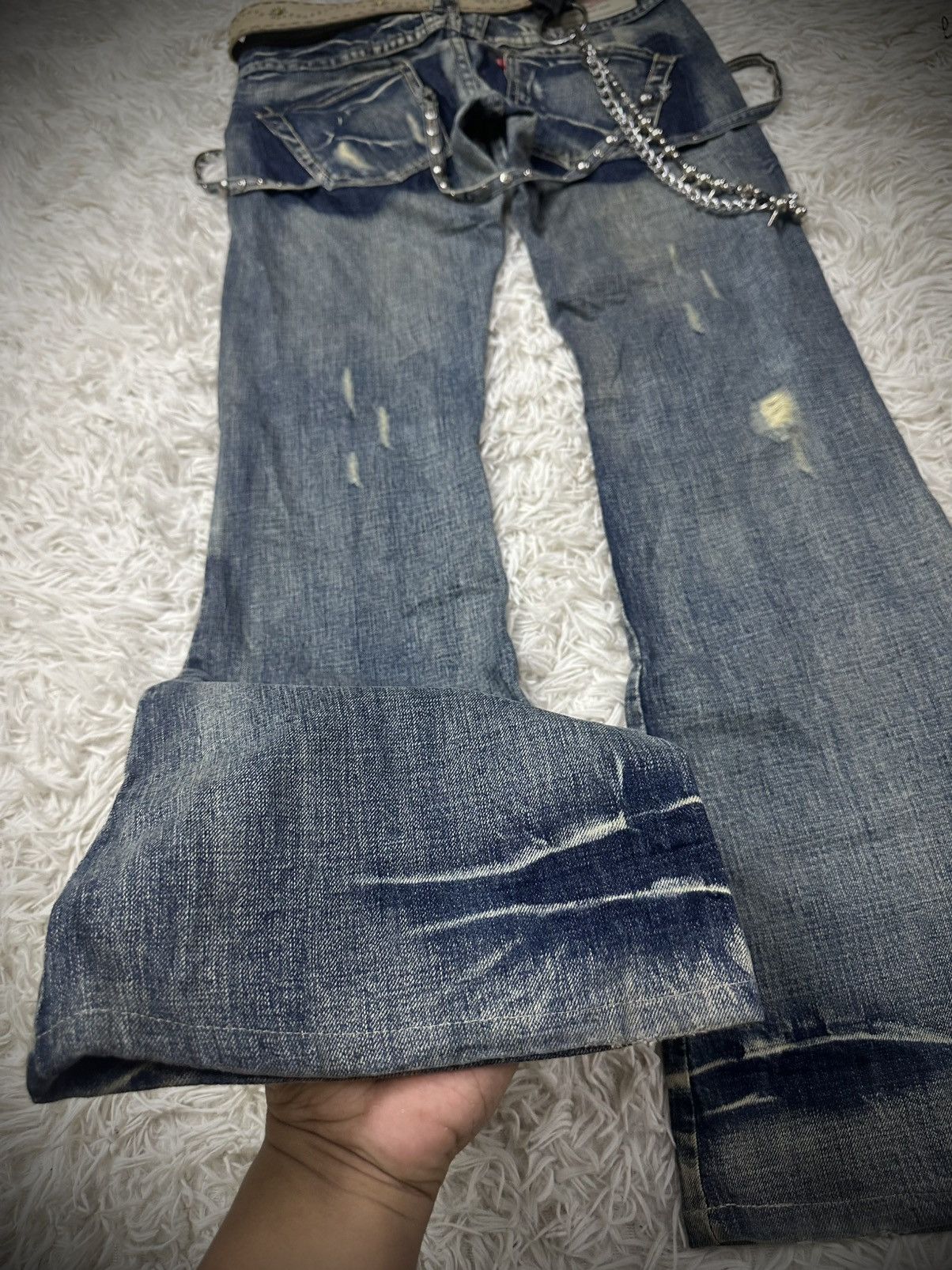 If Six Was Nine rare 2000s tornado mart straps studded flared denim jeans Size US 31 - 9 Thumbnail