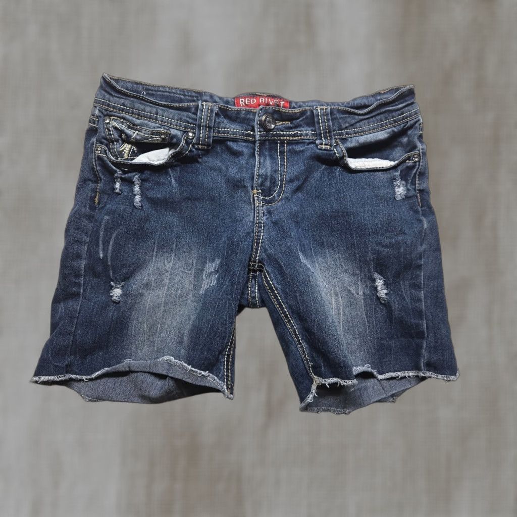 Denime Red Rivet Denim Shorts Women's 7 Distressed Embroidered 5-Pocket Casual Jeans Cut-Off Summer Blue Vintage?: No Size 28" / US 6 / IT 42 - 1 Thumbnail