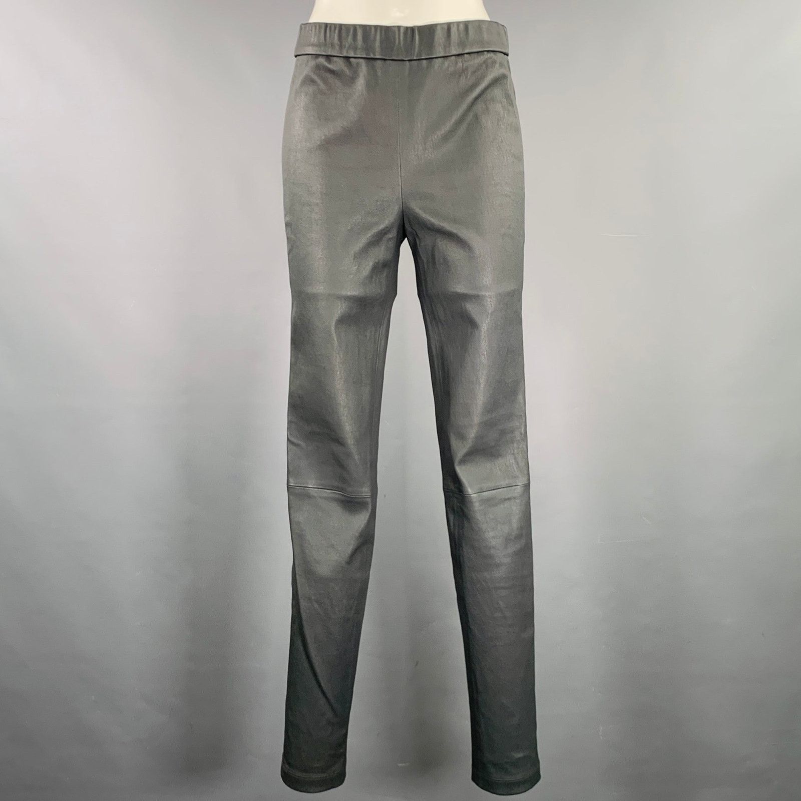 6 Grey Leather Lambskin Elastic Waistband Leggings