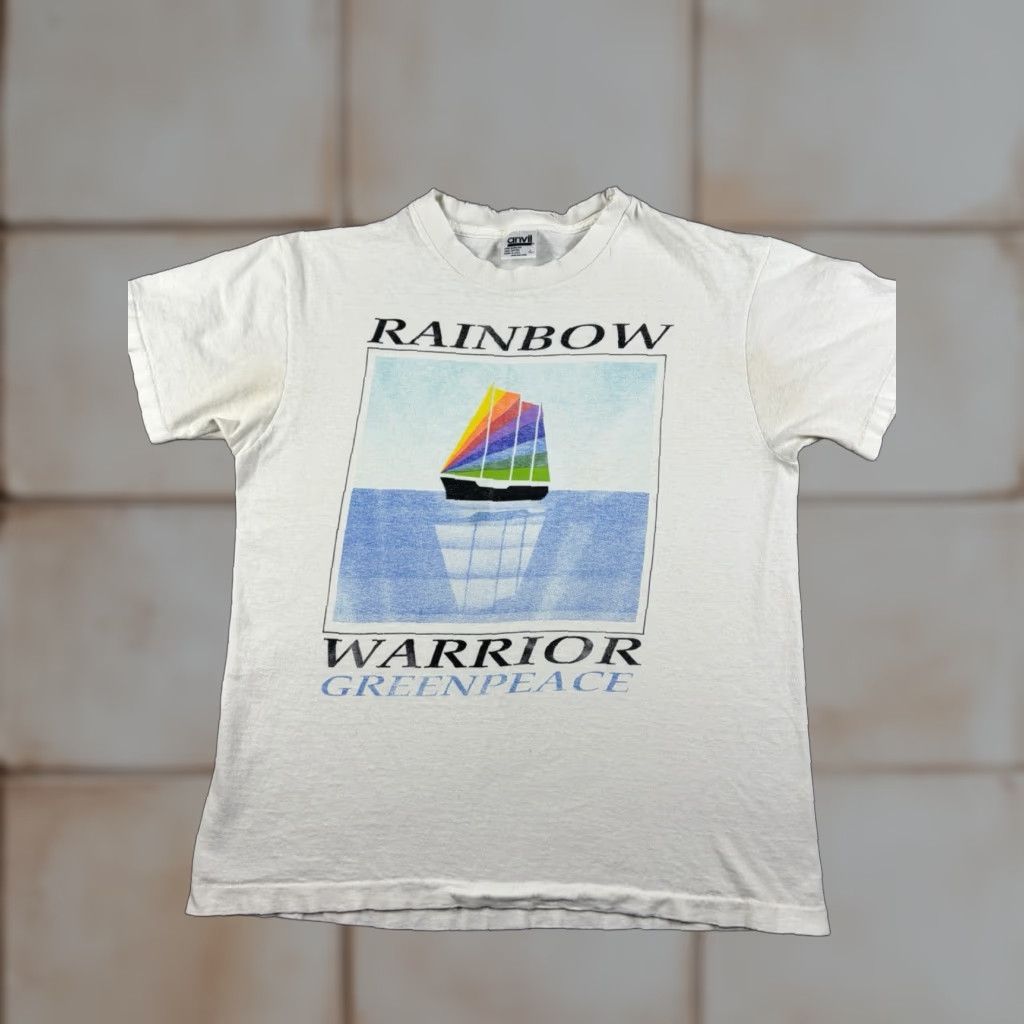 Anvil VINTAGE Greenpeace Rainbow Warrior Shirt Men’s Large White USA Made 80s Mens Size US L / EU 52-54 / 3 - 1 Thumbnail