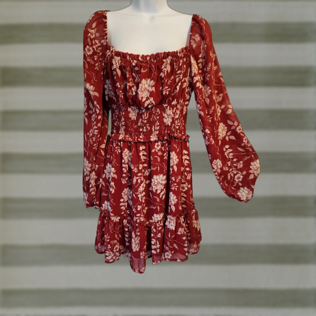 Vintage Trixxi Red Floral Smocked Waist A-Line Mini Dress M Women Boho Hippie Night Casual Party/Cocktail Travel Long Sleeve Round Neck Size 32" / US 10 / IT 46 - 1 Thumbnail
