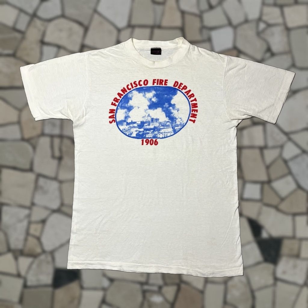 VINTAGE Heavy 1906 Earthquake San Francisco Fire Department T Shirt M White Short Sleeve Graphic Tee 1970s Sportswear/Beach Mens