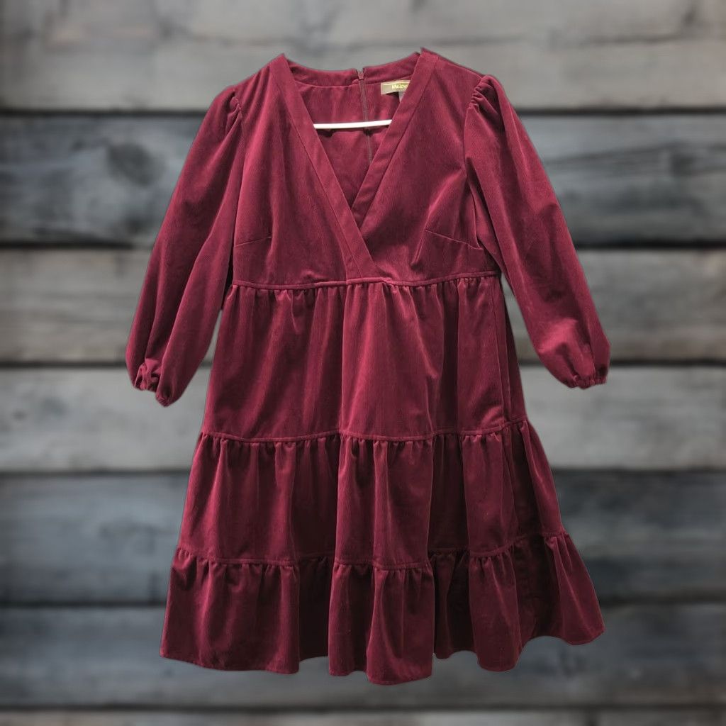 Vintage Melonie T Corduroy Dress Womens 6 Wine Burgundy Tiered V-Neck 3/4 Sleeve Dress Size M / US 6-8 / IT 42-44 - 1 Thumbnail