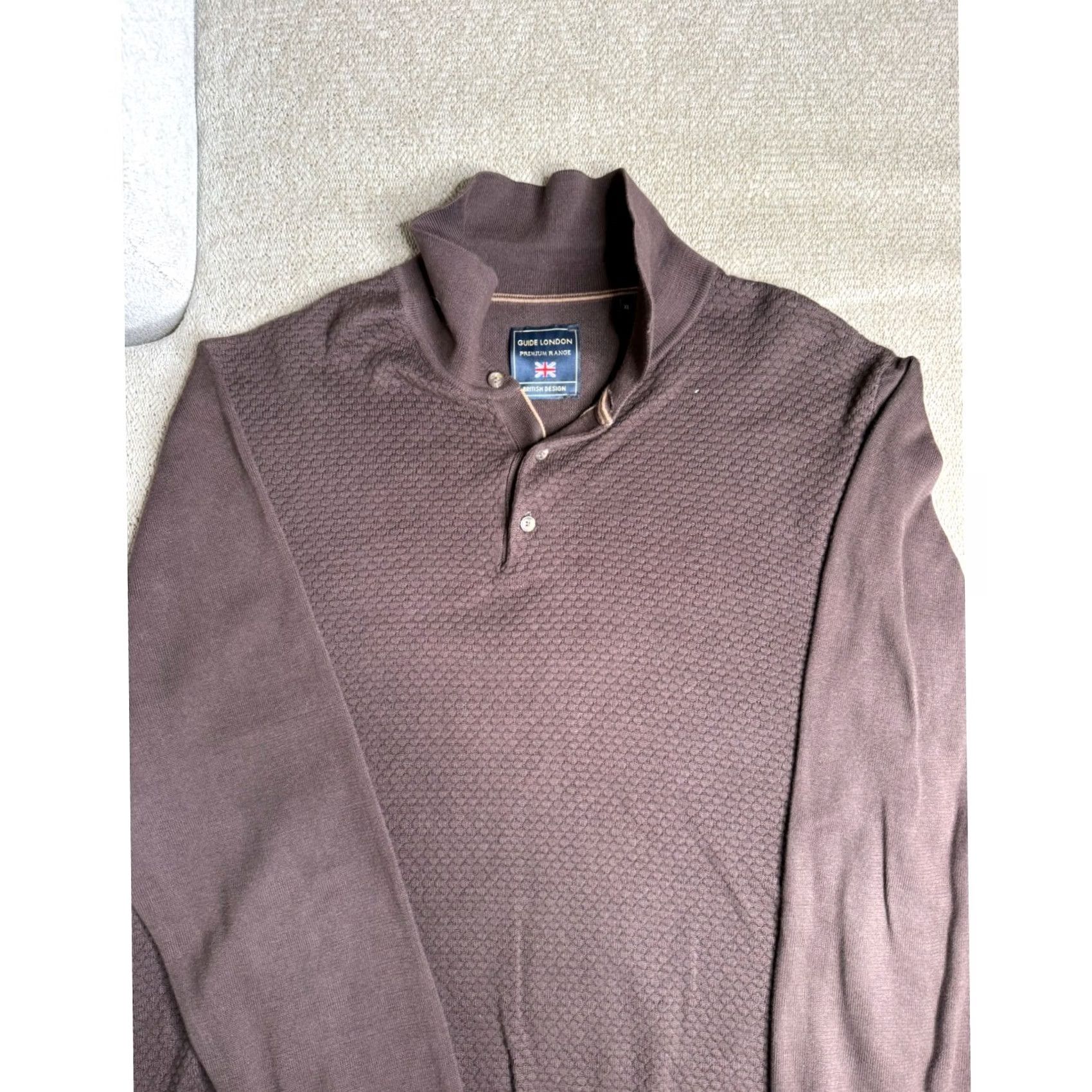 Vintage Guide London Premium Range Polo Shirt Knit Textured Brown XL Men Shirt Geometric 100% Cotton Collared Button Down Breathable Long Sleeve Size US XL / EU 56 / 4 - 3 Thumbnail