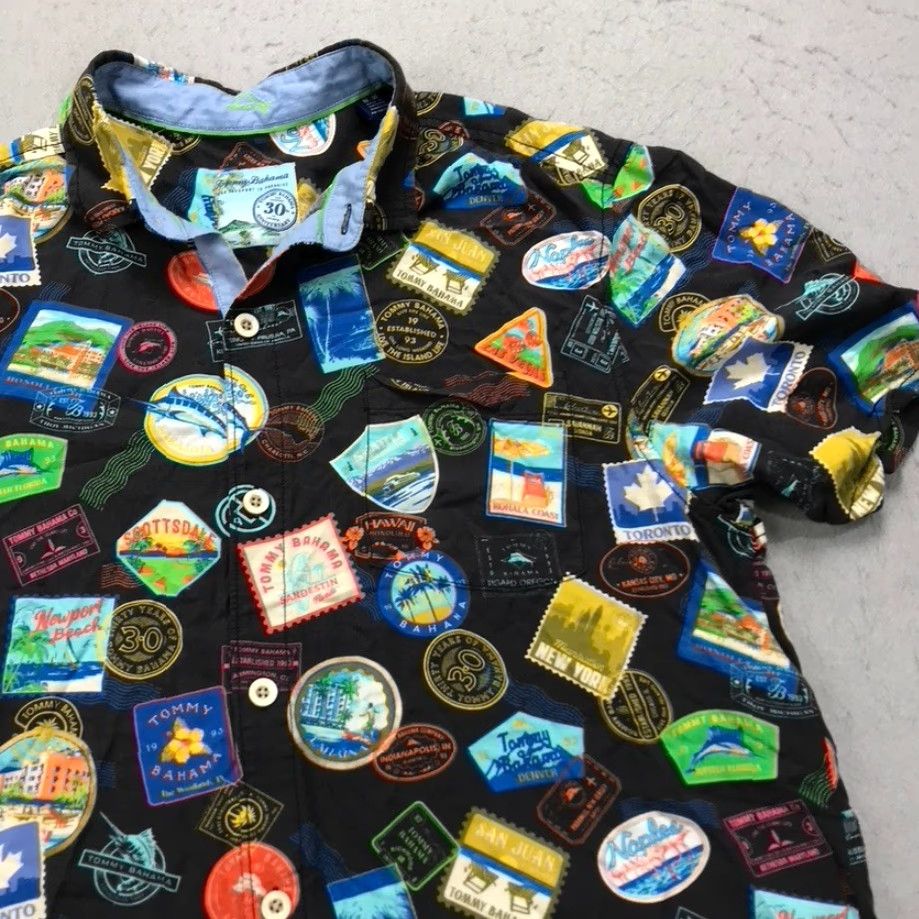 Tommy Bahama Tommy Bahama Shirt Mens Medium Black Passport Stamp Destination Camp Travel | Button-Up | Beach Theme | Casual Travel Shirt Mens M Black Size US M / EU 48-50 / 2 - 3 Thumbnail