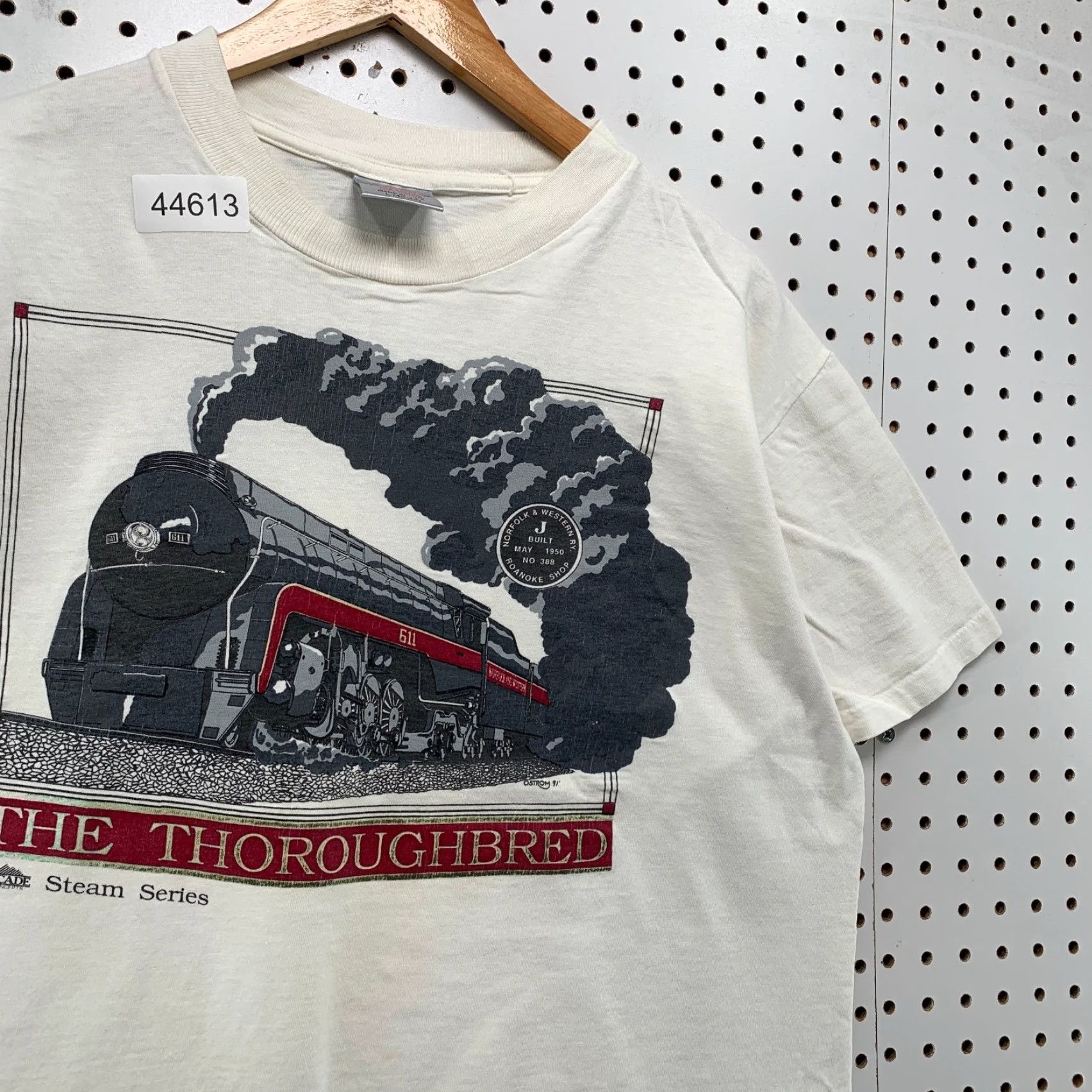 Vintage VINTAGE Oneita The Thoroughbred Steam Train Norfolk Shirt Men L White Cotton Short Sleeve Crew Neck T-Shirt 1990s Size US L / EU 52-54 / 3 - 3 Thumbnail