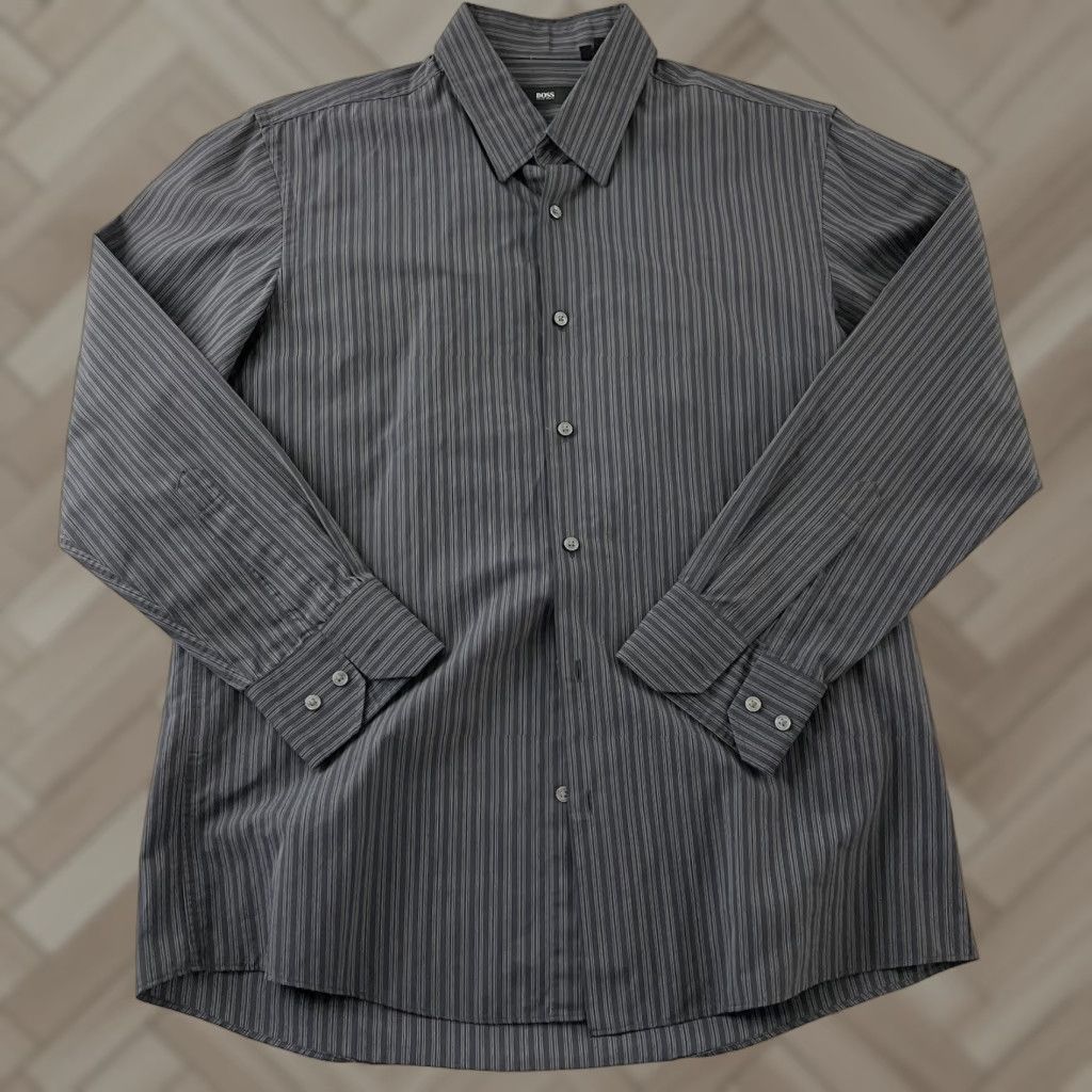 Hugo Boss HUGO BOSS Striped Long Sleeve Button-Up Shirt Mens 16.5 Gray Size US XL / EU 56 / 4 - 1 Thumbnail
