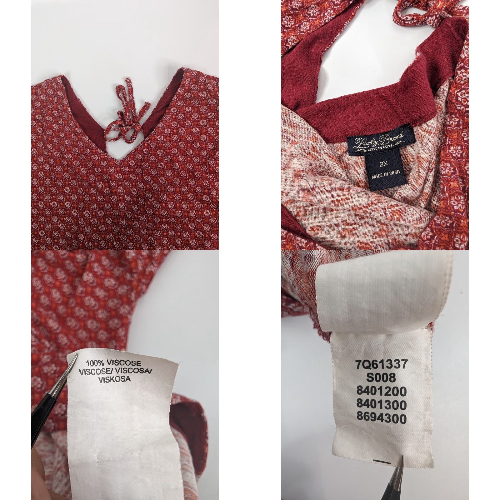 Lucky Brand Lucky Brand Womens Top Shirt Plus Size 2X Red Geometric Boho V-neck Viscose Blouse Size XXL / US 16-18 / IT 52-54 - 8 Thumbnail