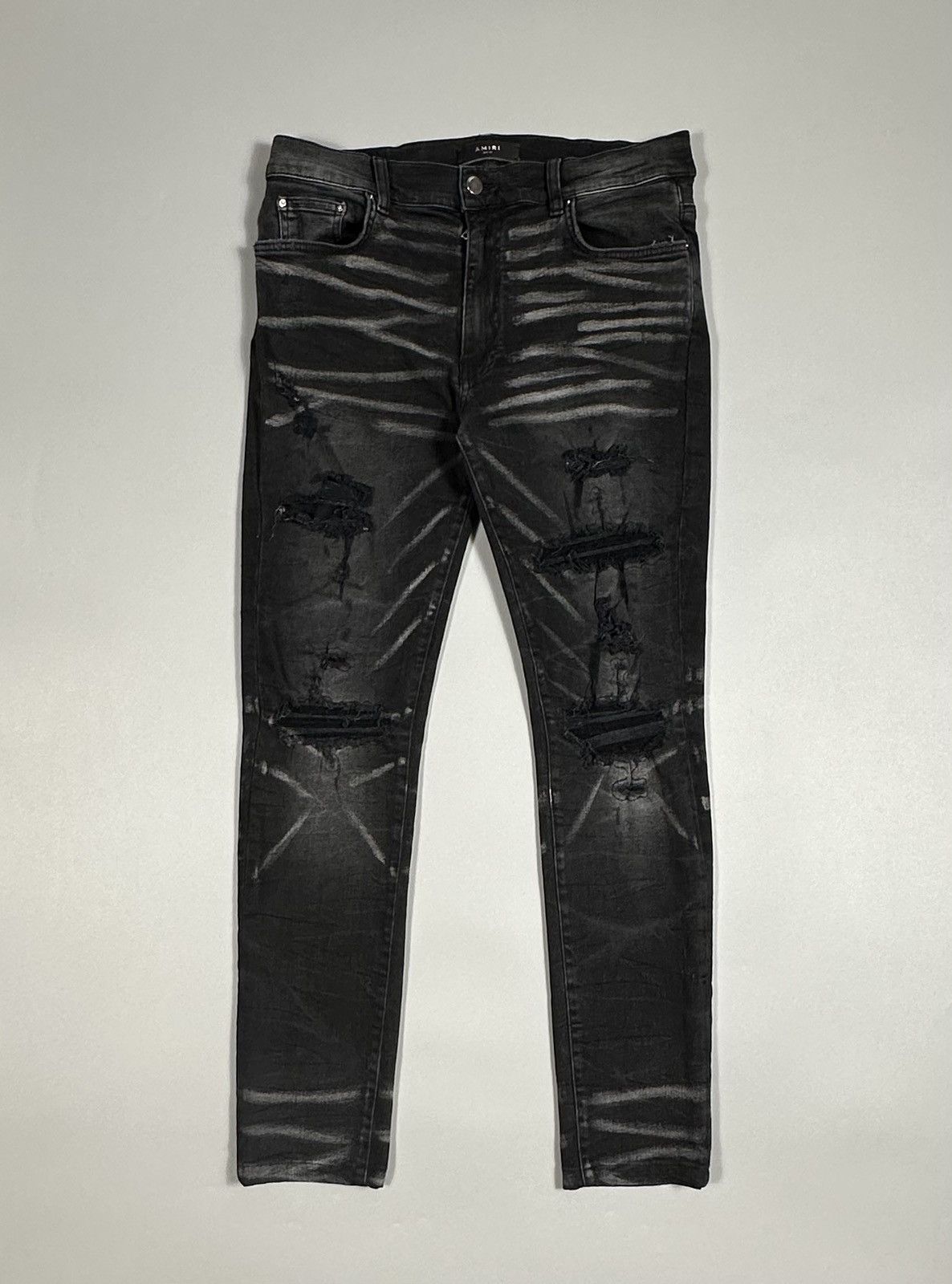 Amiri Amiri MX1 Distressed Ripped Wool Patch Black Denim Jeans Size US 34 / EU 50 - 1 Thumbnail