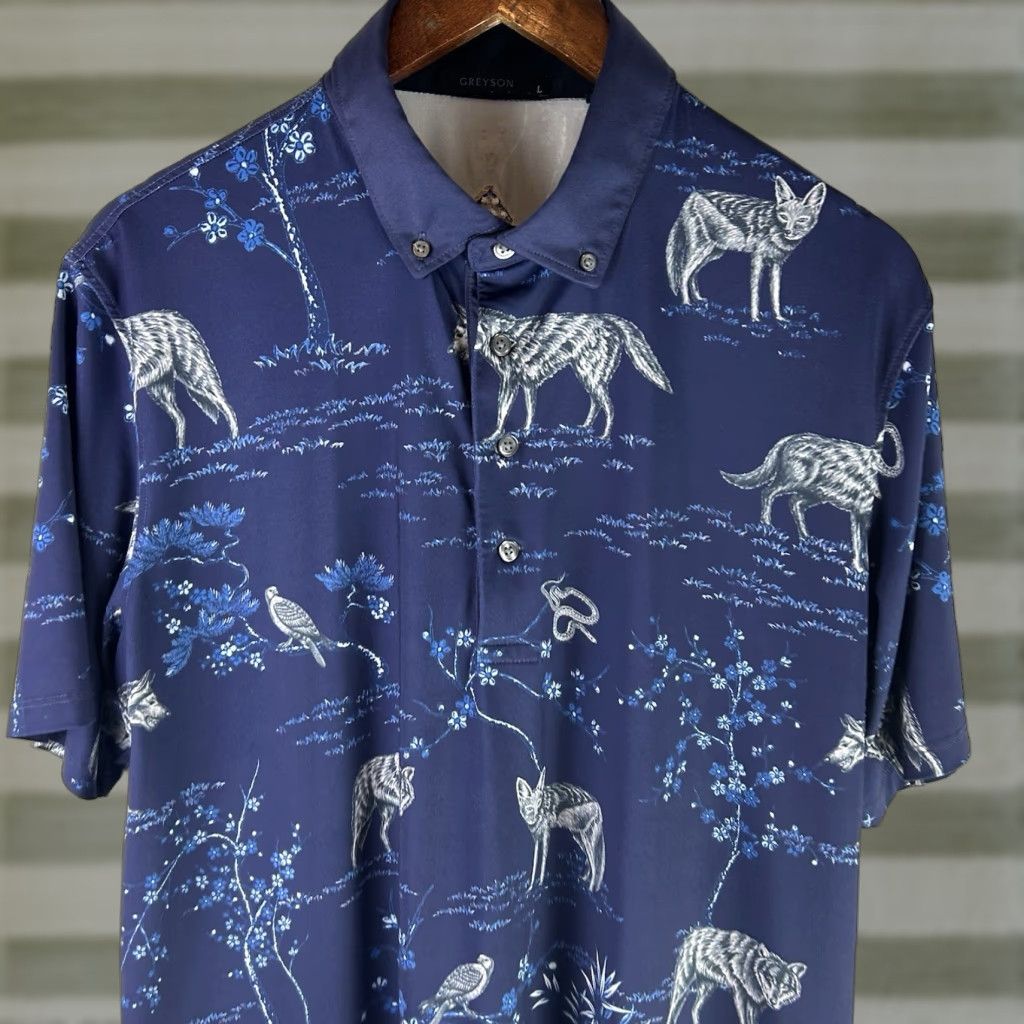 Vintage Greyson Polo Shirt Men's Large Blue Wolf Print Golf Patriot Patterned Polo's Size US L / EU 52-54 / 3 - 1 Thumbnail