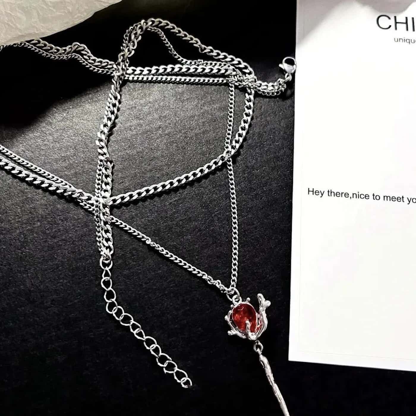 Jewelry Double Layer Red Zircon Rose Necklace Size ONE SIZE - 3 Thumbnail