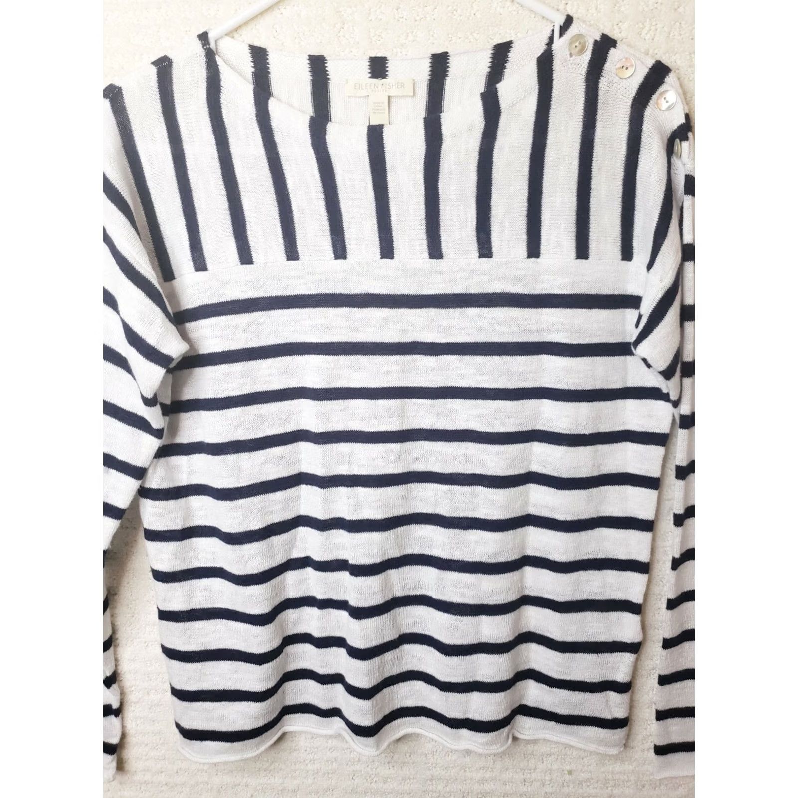 Eileen Fisher Eileen Fisher Petites Nautical Cotton Striped Pullover Sweater Button Shoulder PP Size XXS / US 00 / IT 34 - 3 Thumbnail