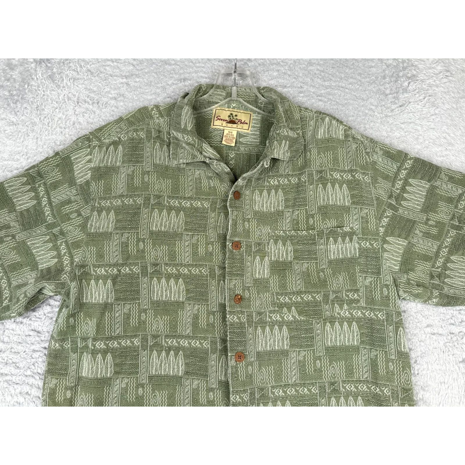 Vintage Seven Palm Shirt Men Small Green Surfboard Geometric Hawaiian Up 100% Silk Size US S / EU 44-46 / 1 - 4 Thumbnail