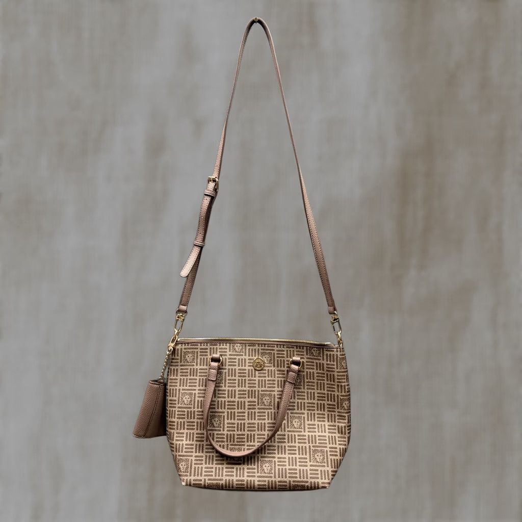 Anne Klein Anne Klein Crossbody Tote Bag Womens Taupe Brown Monogram Lion Head Pouch OS Size ONE SIZE - 1 Thumbnail